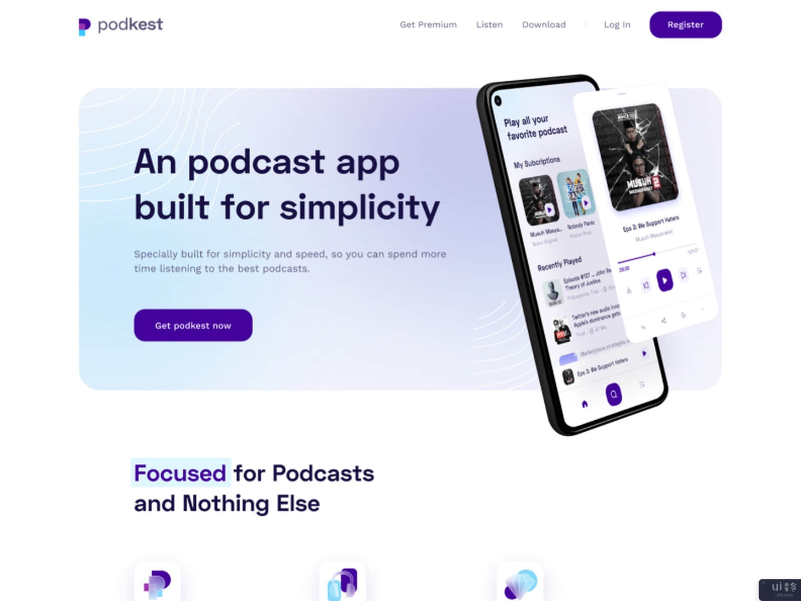 Podkest - 播客应用登陆页(Podkest - Podcast app Landing Page)插图1