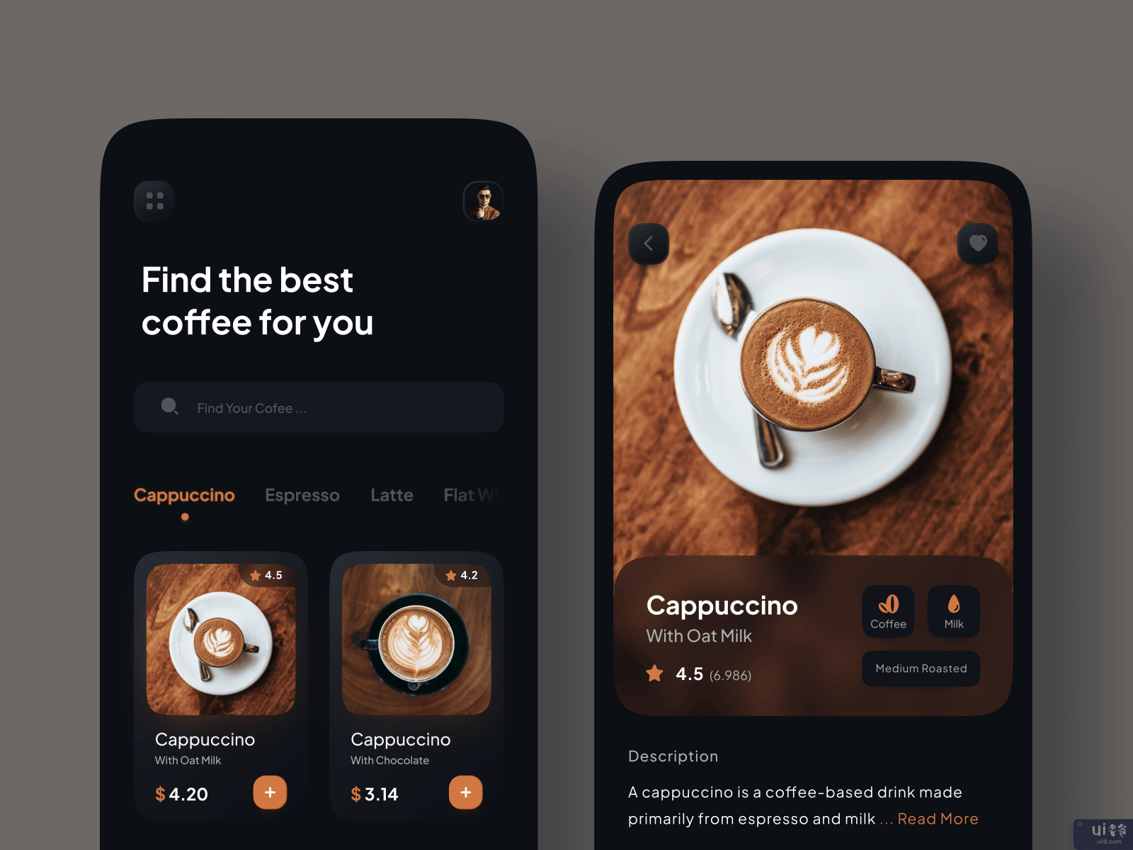 咖啡店移动应用--黑暗模式(Coffee Shop Mobile Apps - Dark Mode)插图1