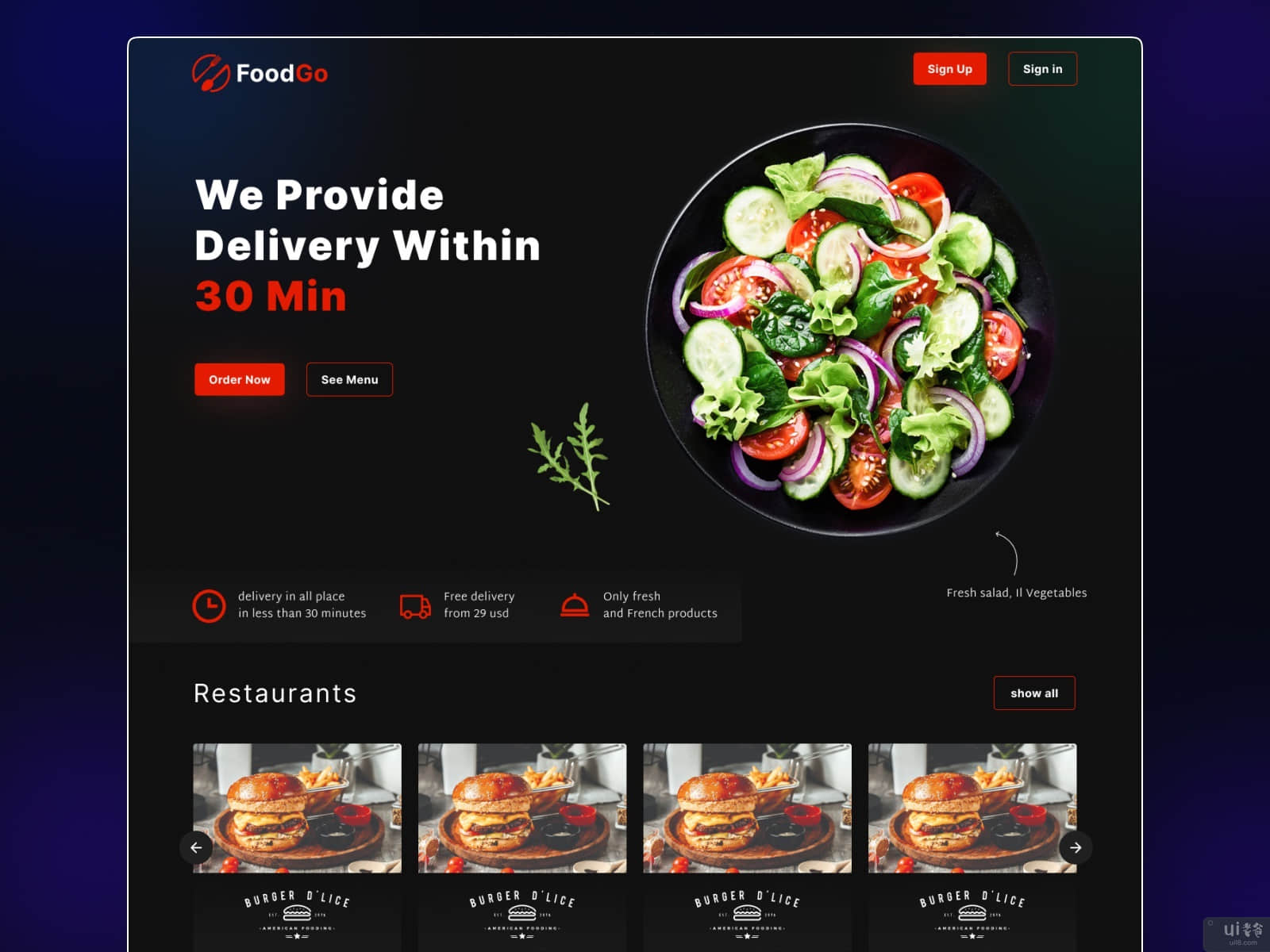 Foodgo着陆页设计, 食品配送着陆页Ui(Foodgo Landing Page Design, Food Delivery Landing Page Ui)插图1
