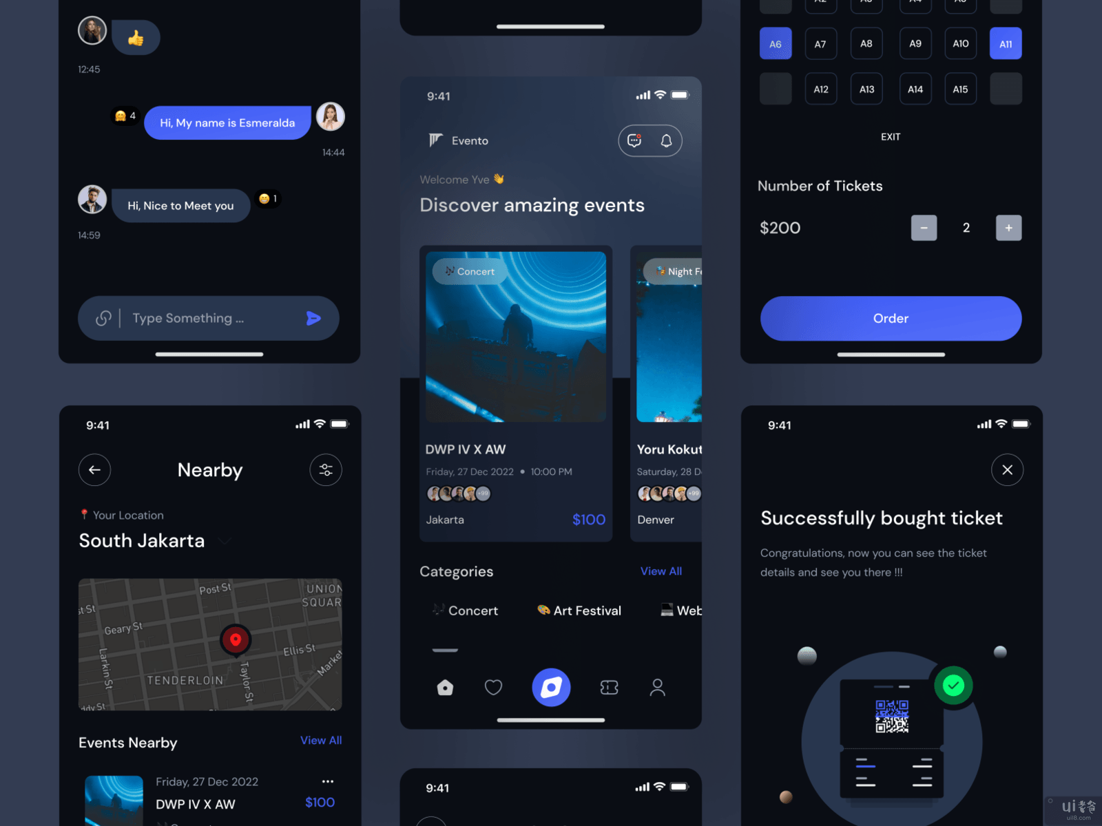 Evento黑暗模式 - Evento移动应用UI工具包(Evento Dark Mode - Evento Mobile App UI Kit)插图