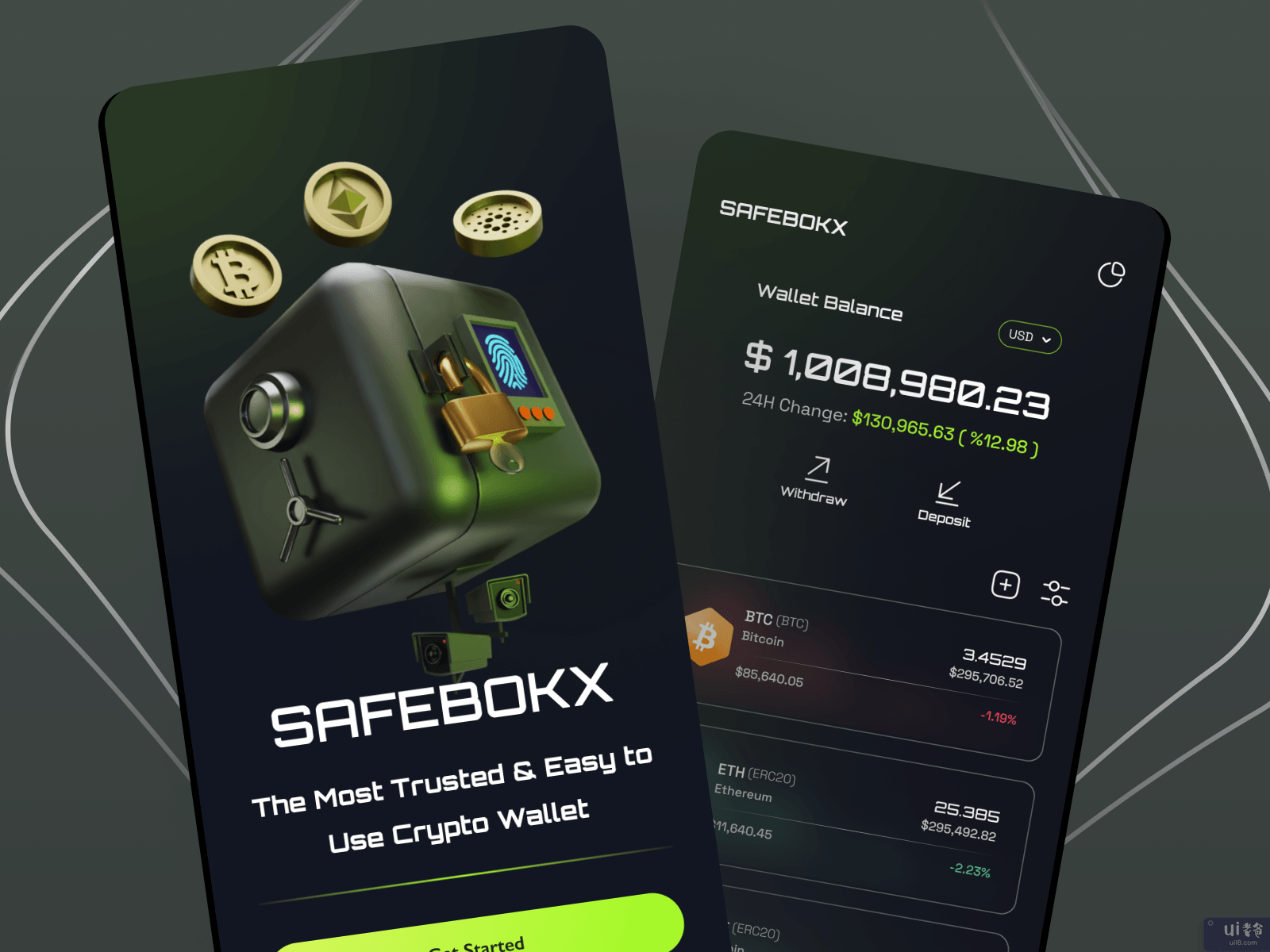 SAFEBOKX - 黑暗模式下的加密货币钱包应用程序(SAFEBOKX - Cryptocurrency Wallet App in Dark Mode)插图3