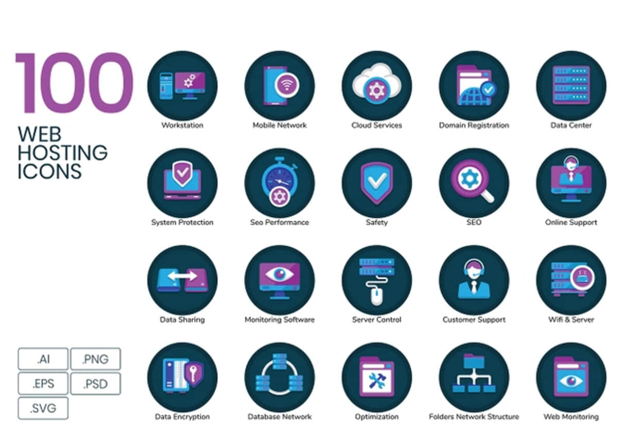 100个虚拟主机平面图标 (100 Web Hosting Flat Icons)
