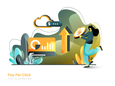 按点击付费平面插图女性使用硬币支付广告费用(Pay Per Click flat illustration women paying for advertising using coins)