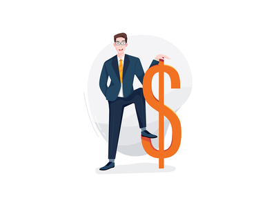 快乐的商人站在货币符号旁边。(Happy businessman stands next to the currency symbol.)