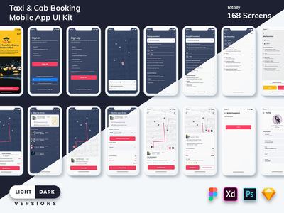 出租车预订移动应用程序 UI 套件（浅色和深色）(Taxi Booking Mobile App UI Kit (Light & Dark))