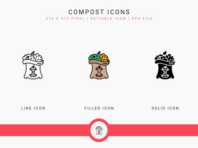 堆肥图标设置矢量图和实线图标线条样式(Compost icons set vector illustration with solid icon line style)