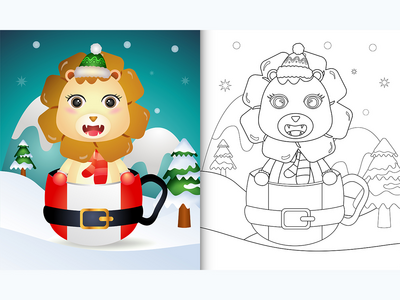 圣诞老人杯中带有可爱狮子圣诞人物的着色书(coloring book with a cute lion christmas characters  in the santa cup)