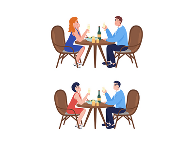 晚餐时的情侣半平面彩色矢量字符集(Couple at dinner semi flat color vector character set)
