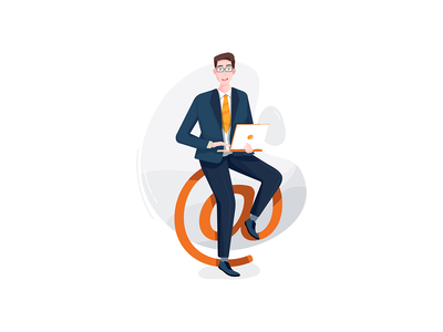 商人坐在@符号上，手里拿着笔记本电脑(Businessman sitting on the @ symbol with laptop in his hand)