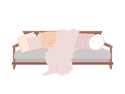 带枕头的舒适沙发半平面彩色矢量项目(Comfortable sofa with pillows semi flat color vector item)