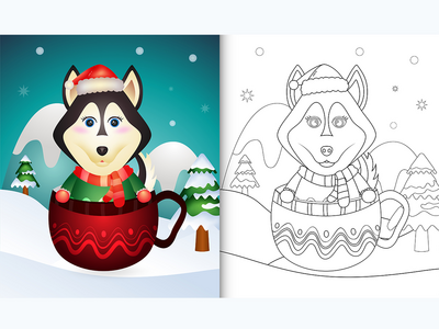 带有可爱的哈士奇狗圣诞人物的着色书(coloring book with a cute husky dog christmas characters)