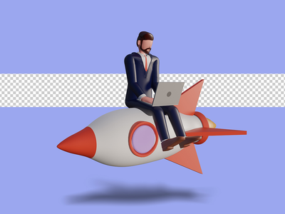 3d 男性角色正在笔记本电脑上打字，坐在火箭上。 Psd 溢价(3d male character is typing on laptop and sitting on rocket. Psd Premium)