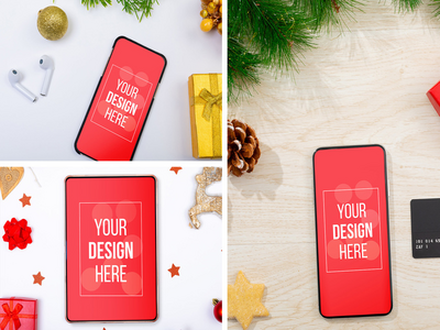 圣诞手机和平板电脑屏幕样机套装(Christmas Phone & Tablet Screen Mockup Set)