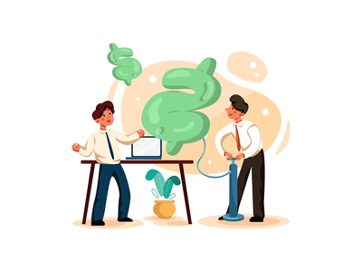 商人用美元形状的气球抽空气(Businessman pumping air in dollar shape balloon)