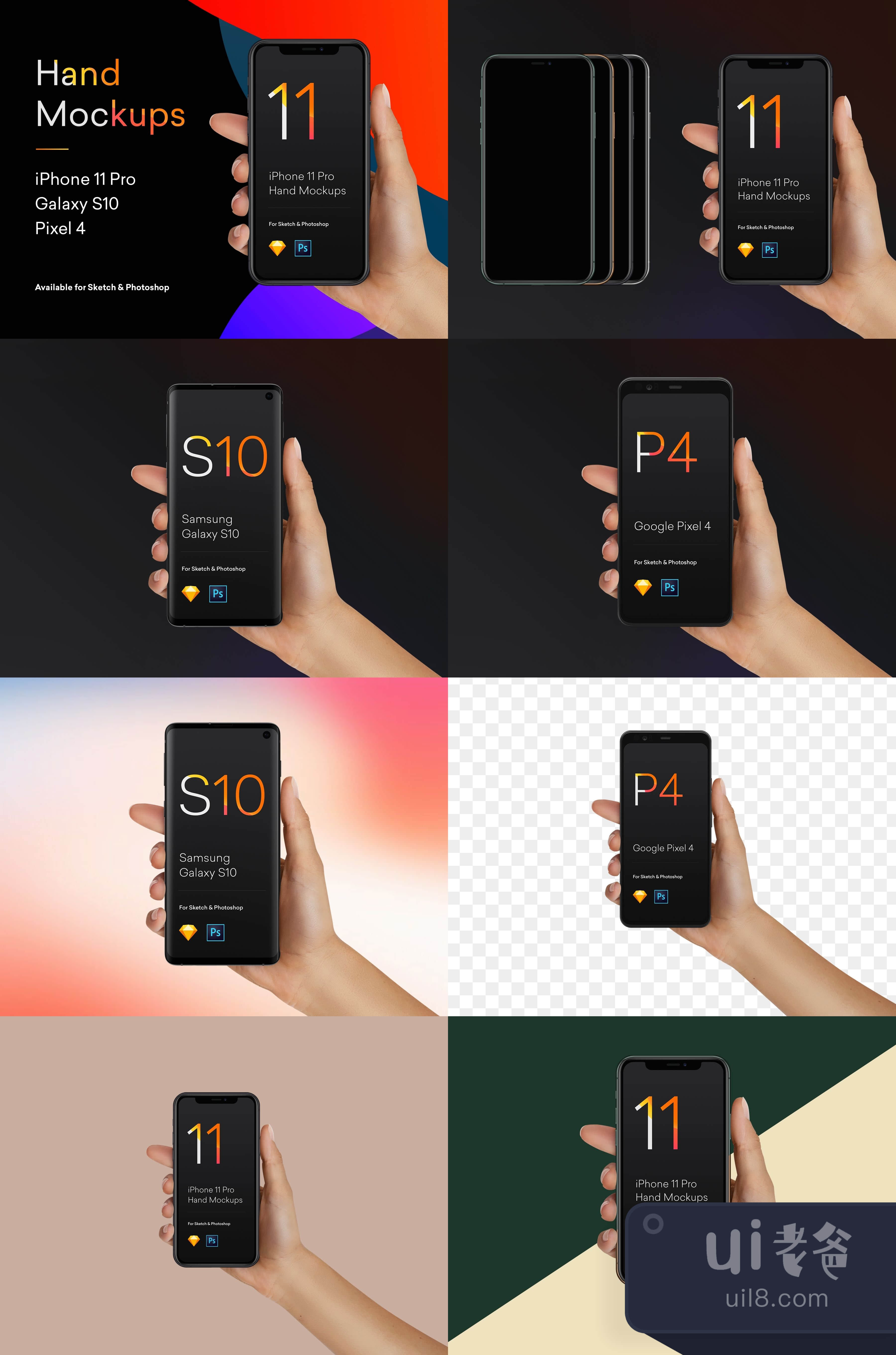 iPhone 11、S10、Pixel 4的手部模拟图 (Hand Mockups iPhone 1插图1