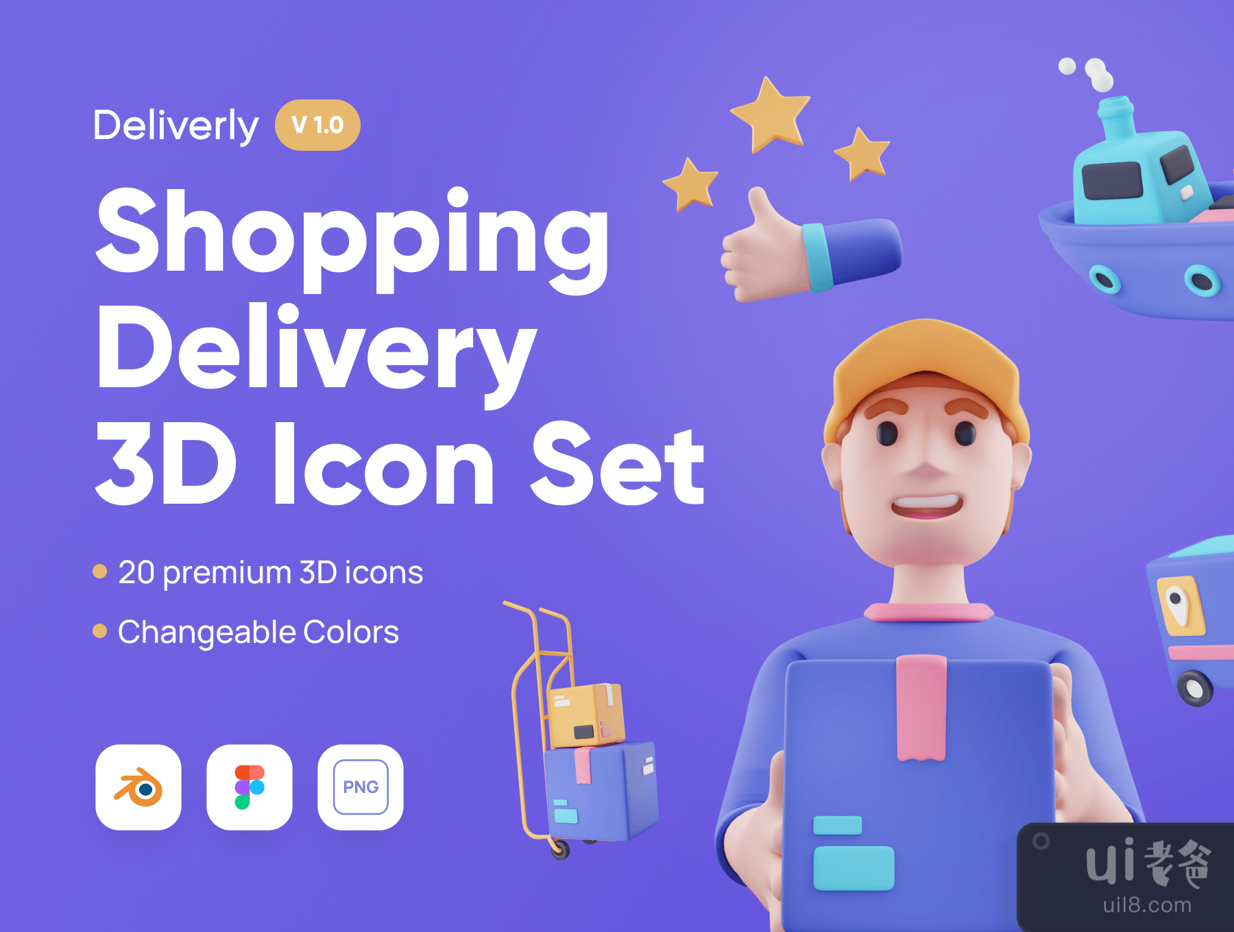 Deliverly - 在线购物配送3D图标集 (Deliverly - Online Shopping Delivery 3D Icon Set)插图