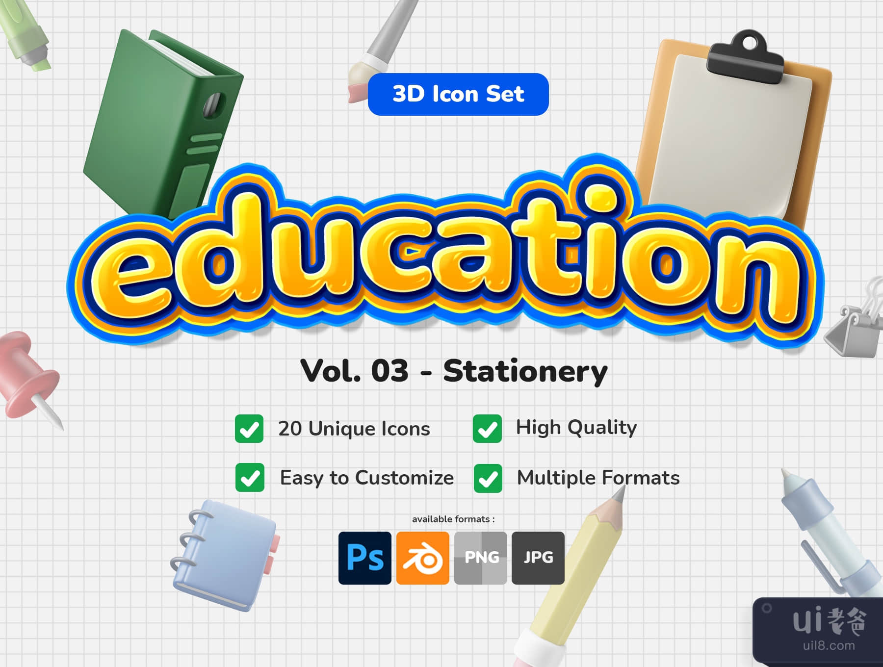 3D图标集--教育文具主题 (3D Icon Set - Education Stationery Theme)插图