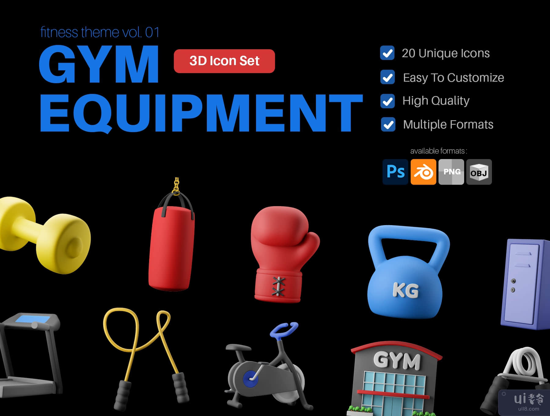 健身房设备 3D 图标包 (Fitness Gym Equipment 3D Icon Pack)插图7
