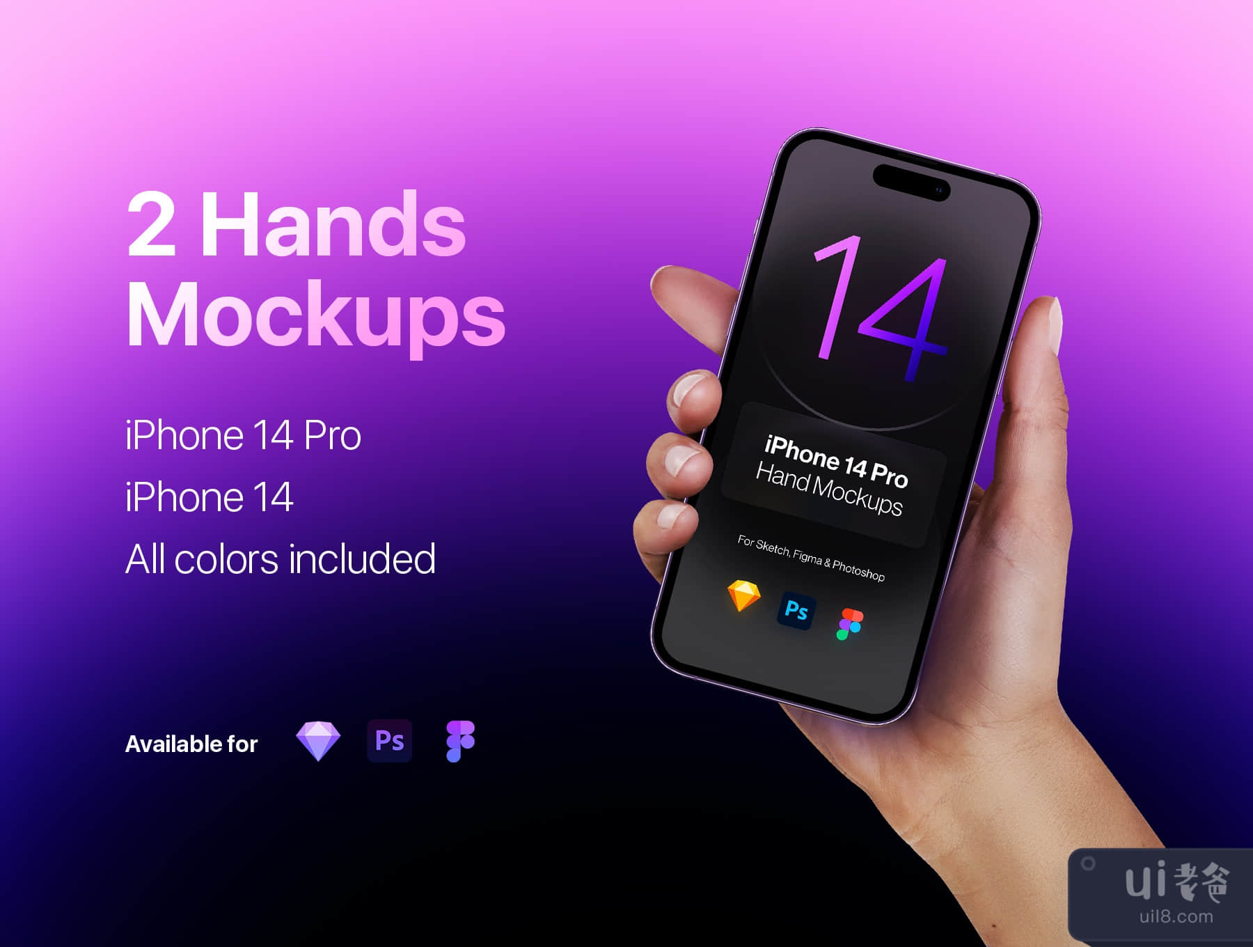 iPhone14专业版和iPhone14--两只手的模拟图 (iPhone 14 Pro & iPhone 14 - 2 Hands Mockups)插图