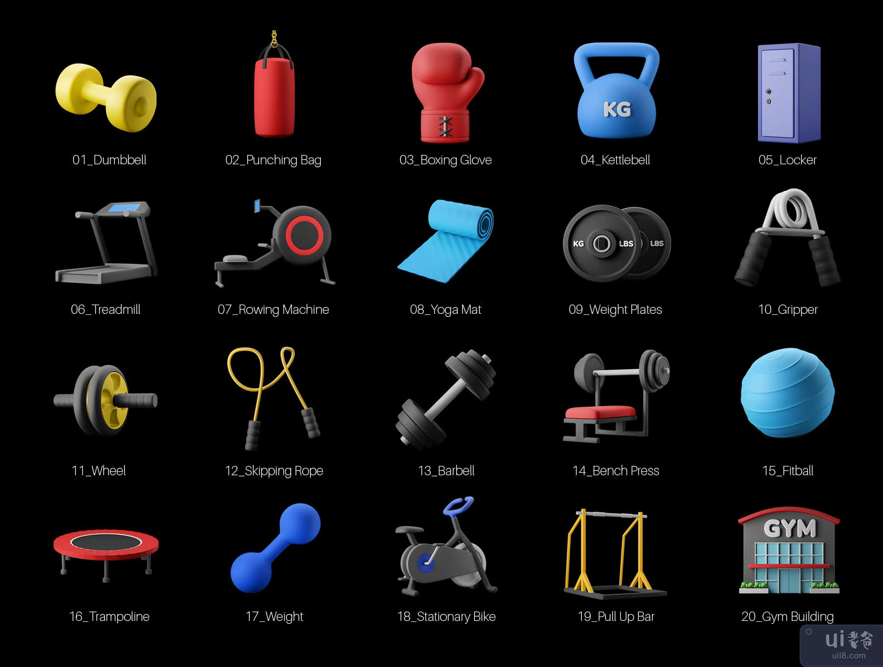 健身房设备 3D 图标包 (Fitness Gym Equipment 3D Icon Pack)插图6
