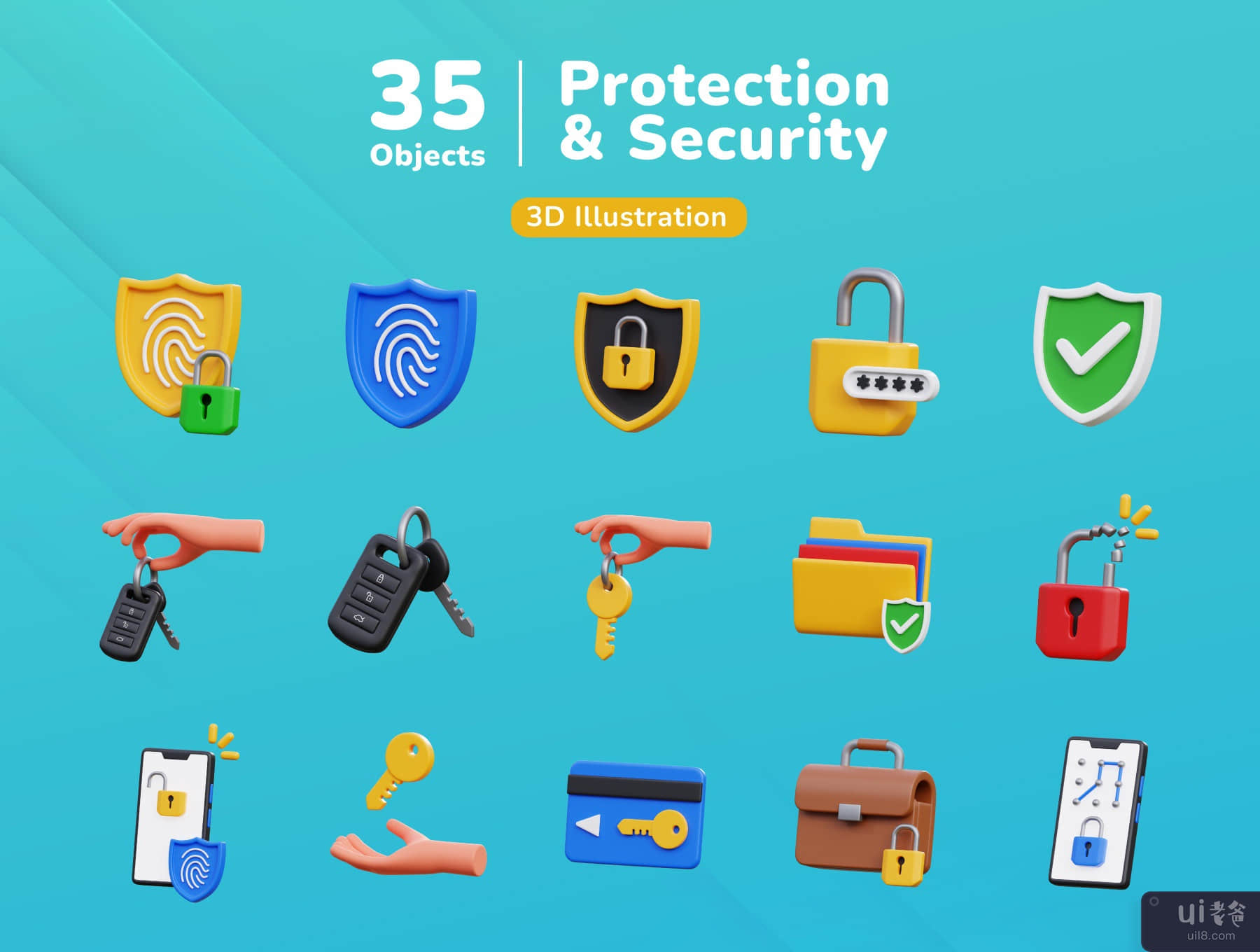 保护与安全 3D 图标集 (Protection & Security 3D Icon Set)插图1