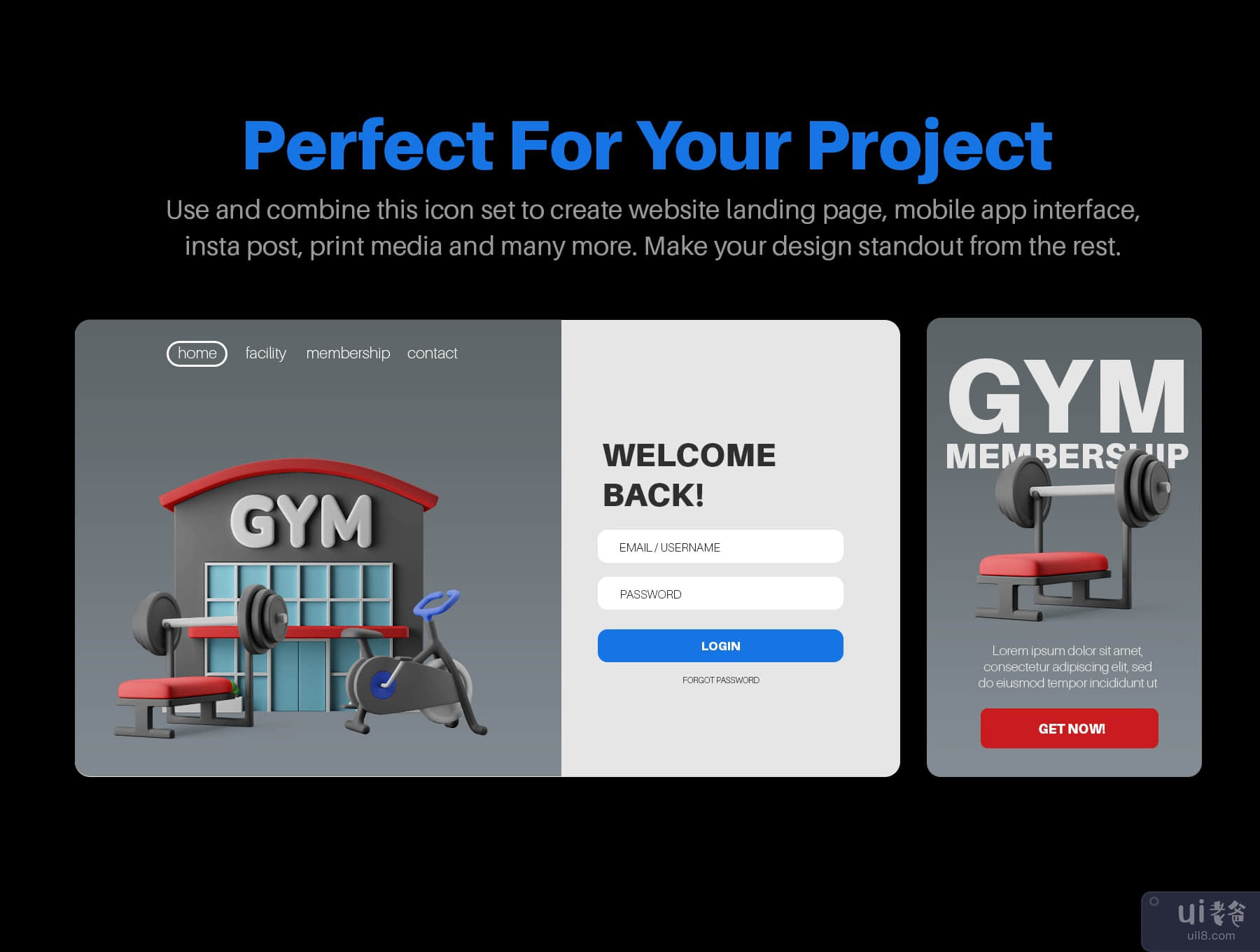 健身房设备 3D 图标包 (Fitness Gym Equipment 3D Icon Pack)插图1