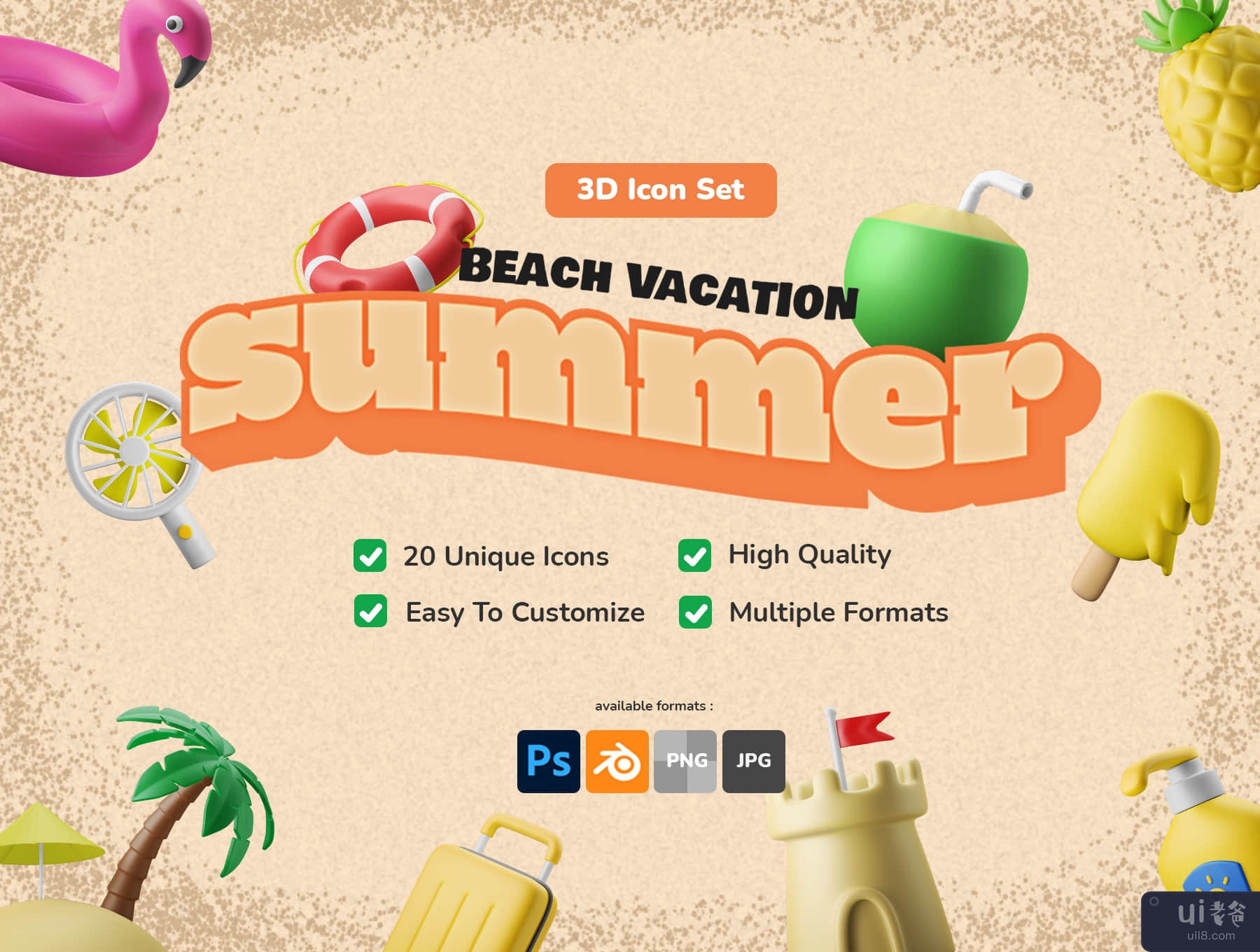 3D 图标集 - 夏季主题海滩假期 (3D Icon Set - Summer Theme Beach Vacation)插图7