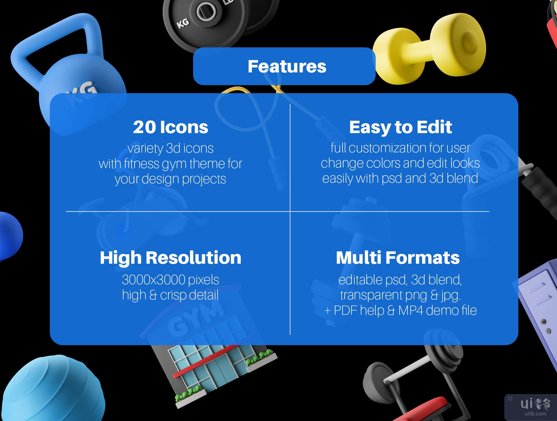 健身房设备 3D 图标包 (Fitness Gym Equipment 3D Icon Pack)插图
