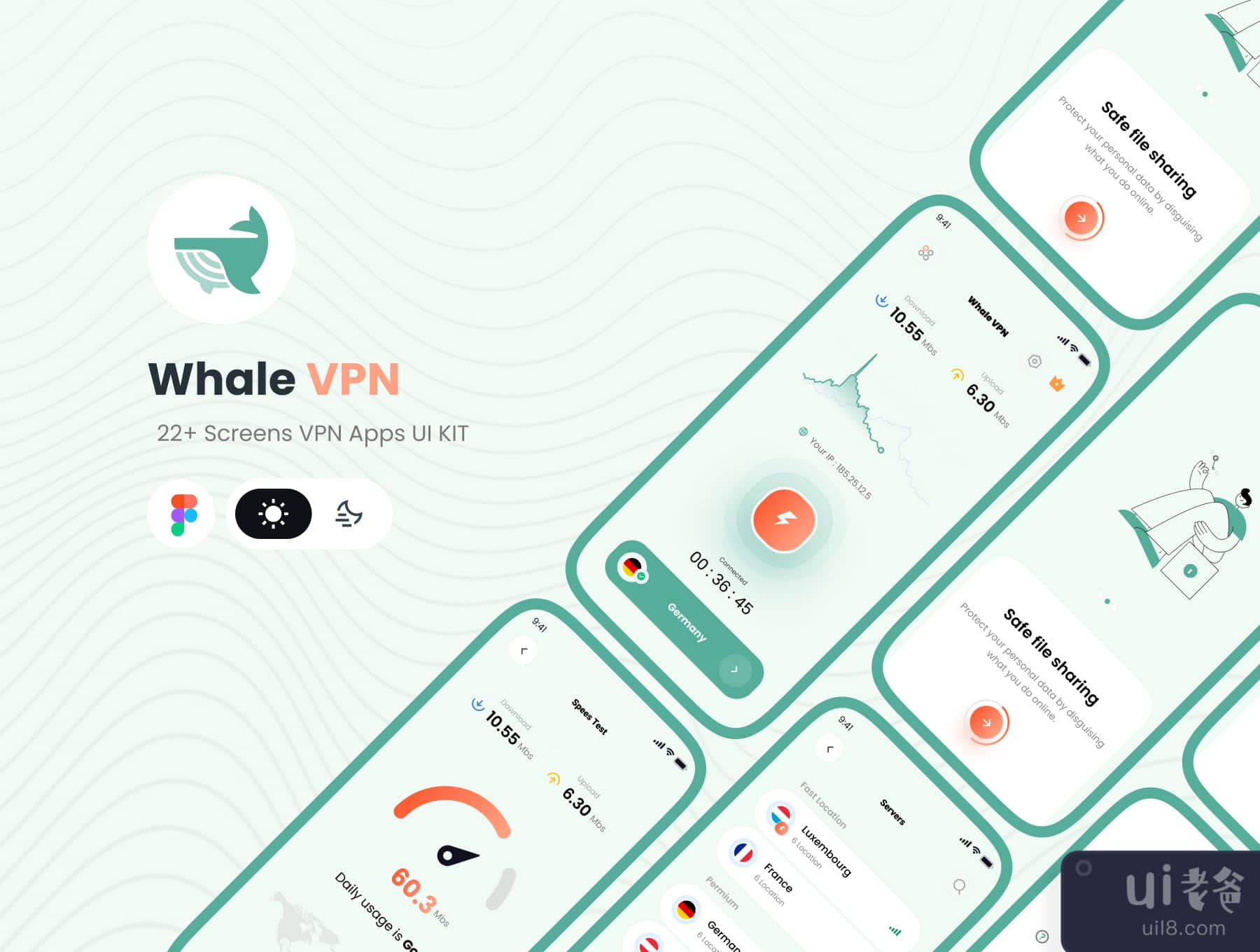 鲸鱼VPN--VPN移动应用UI KIT (Whale VPN - VPN Mobile App UI KIT)插图