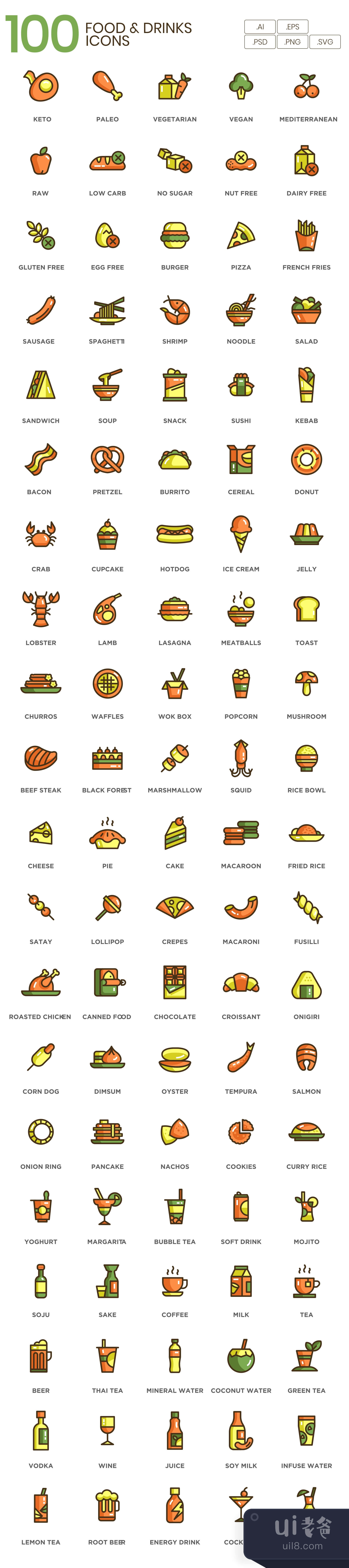 100个食品饮料图标 (100 Food  Drinks Icons)插图1