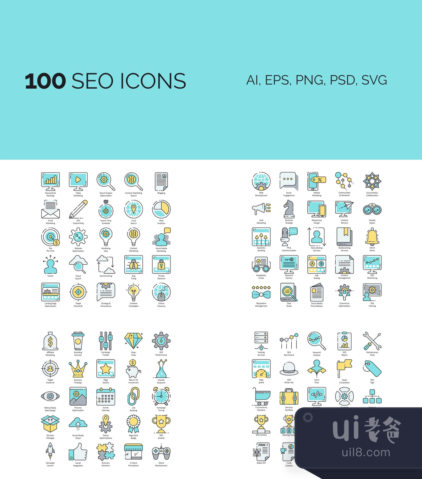 100个SEO和网络营销图标 (100 SEO & Internet Marketing Icons插图1