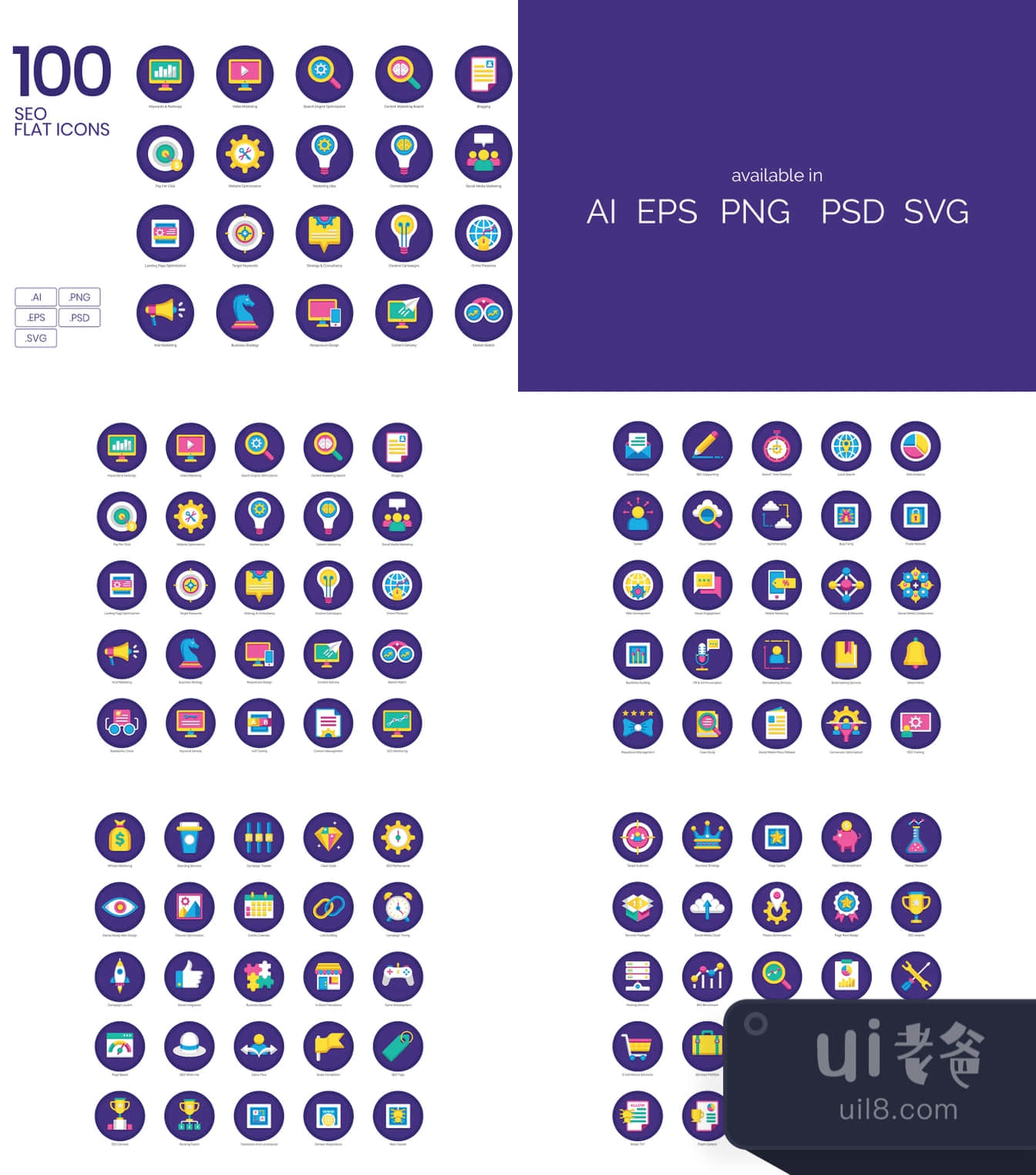 100个SEO平面图标 (100 SEO Flat Icons)插图