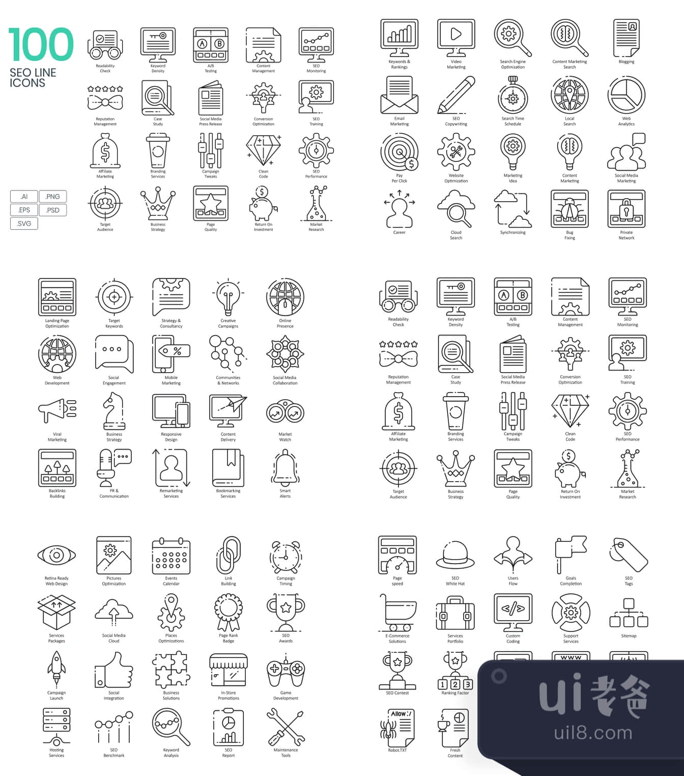 100个SEO线条图标 (100 SEO Line Icons)插图