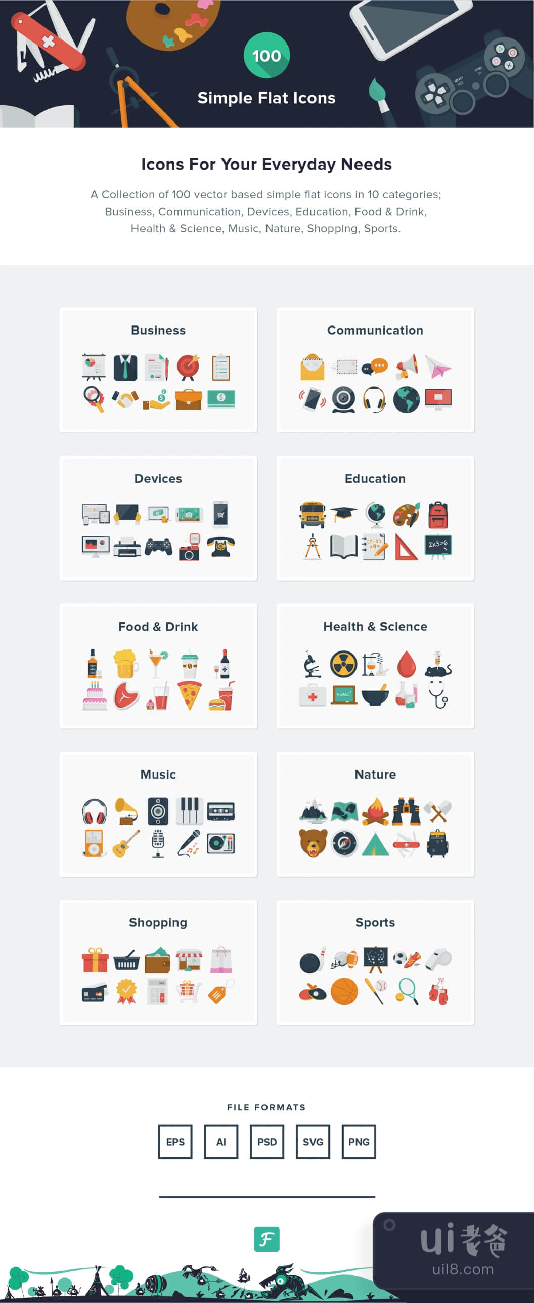100个简单的平面图标 (100 Simple Flat Icons)插图