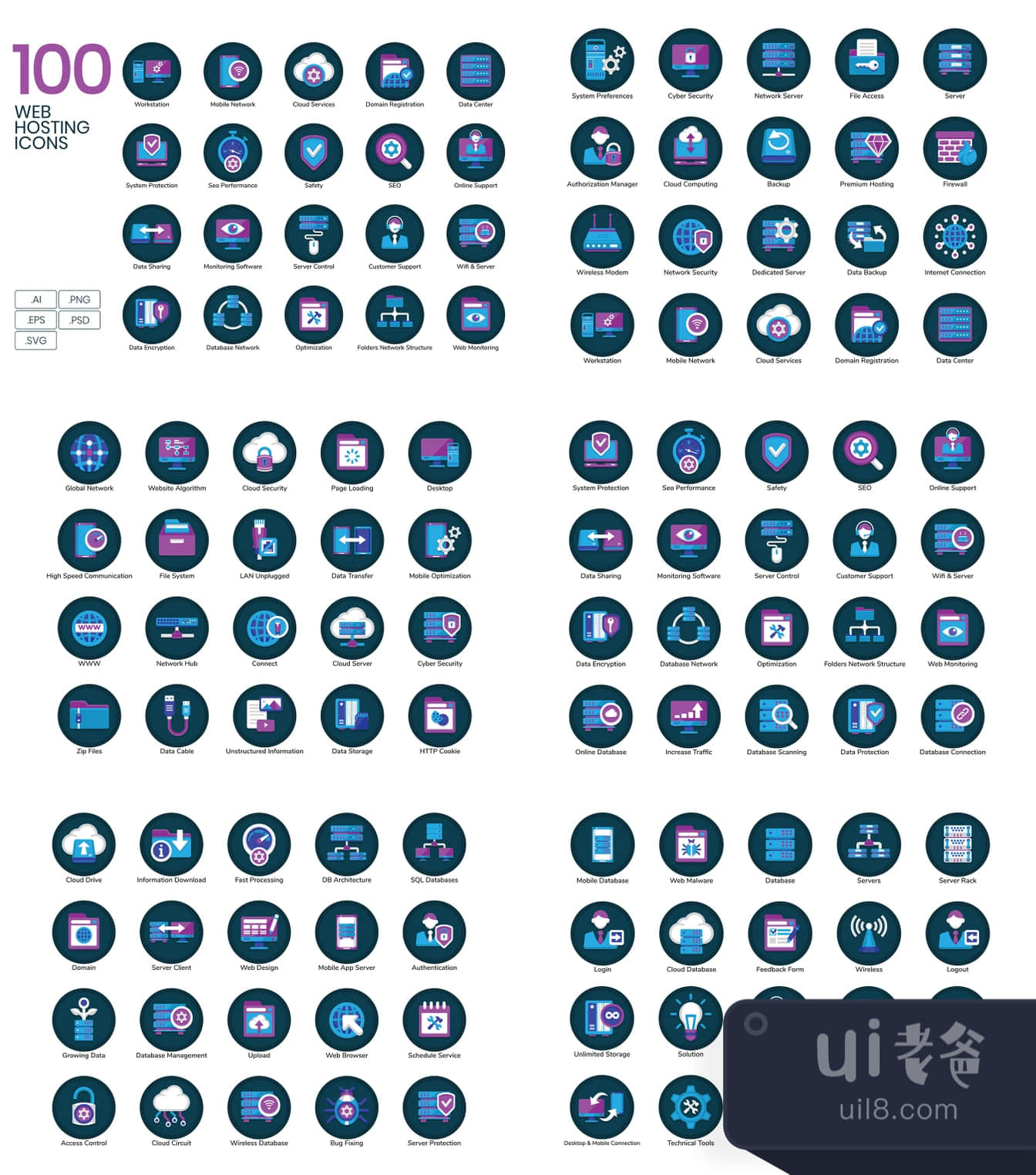 100个虚拟主机平面图标 (100 Web Hosting Flat Icons)插图1