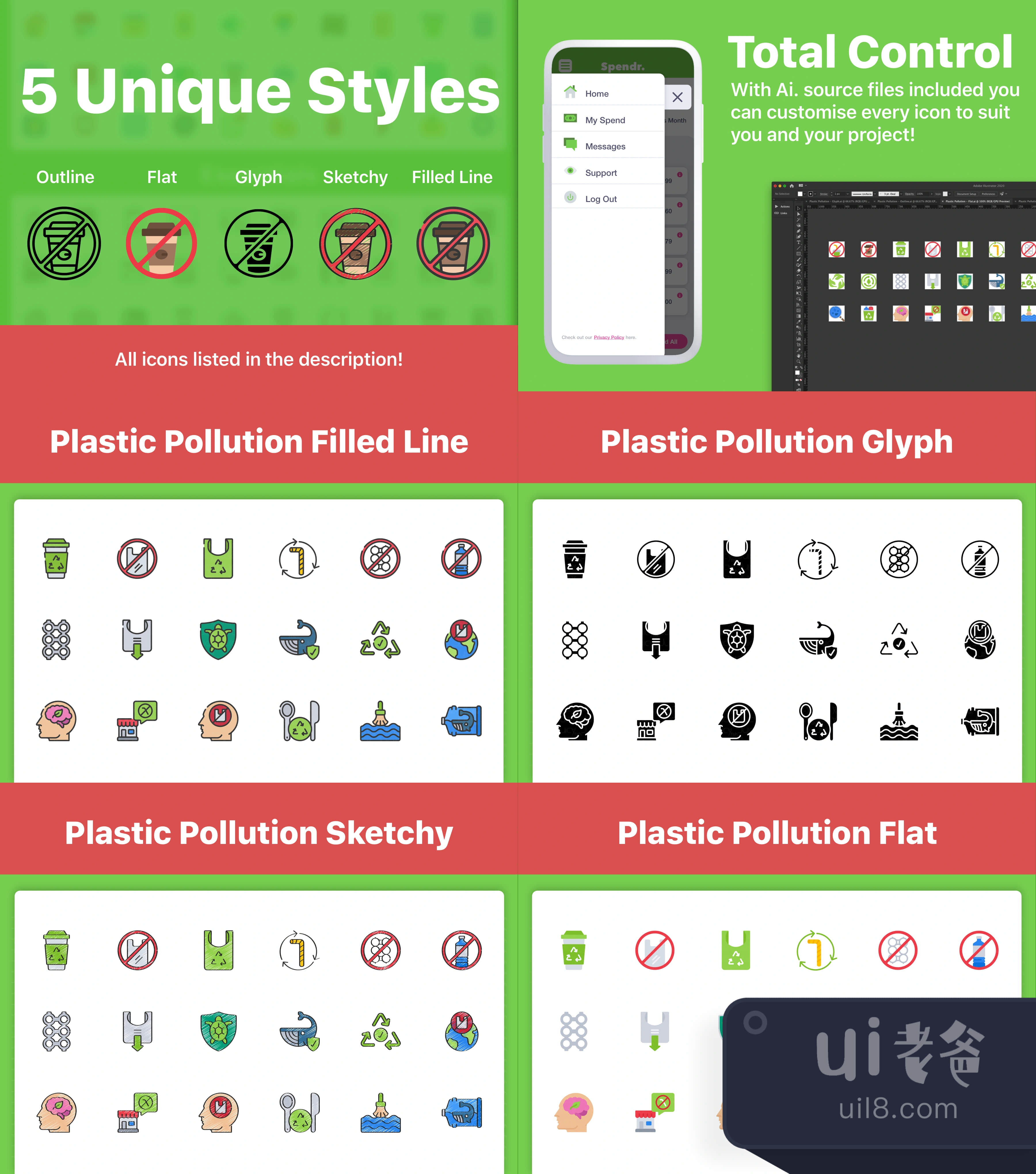 150个塑料污染图标 (150 Plastic Pollution Icons)插图