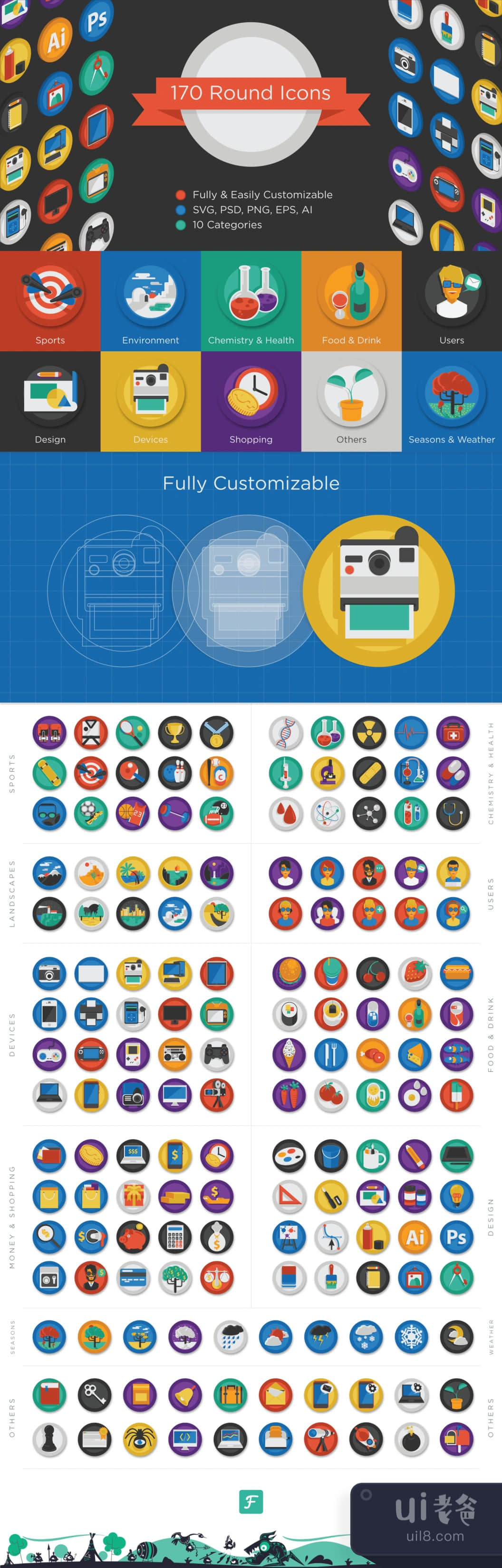 170个圆形图标 (170 Round Icons)插图
