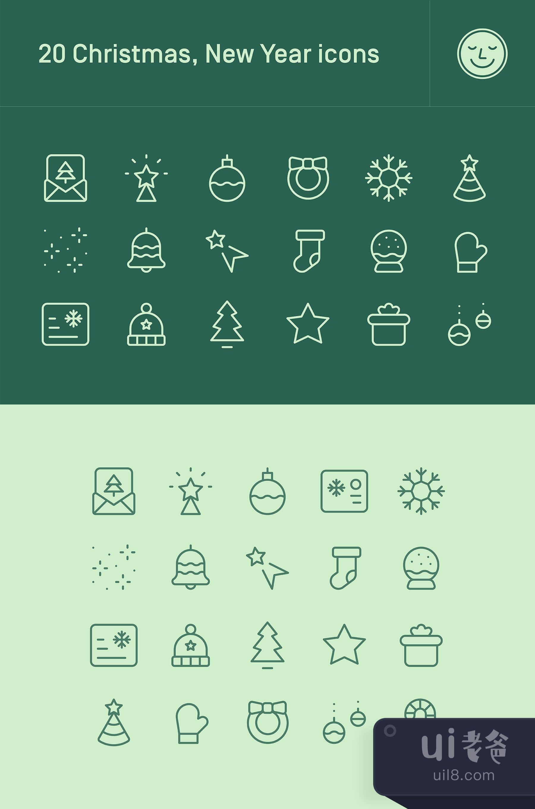 20个圣诞、新年线条图标 (20 Christmas, New Year line icons)插图