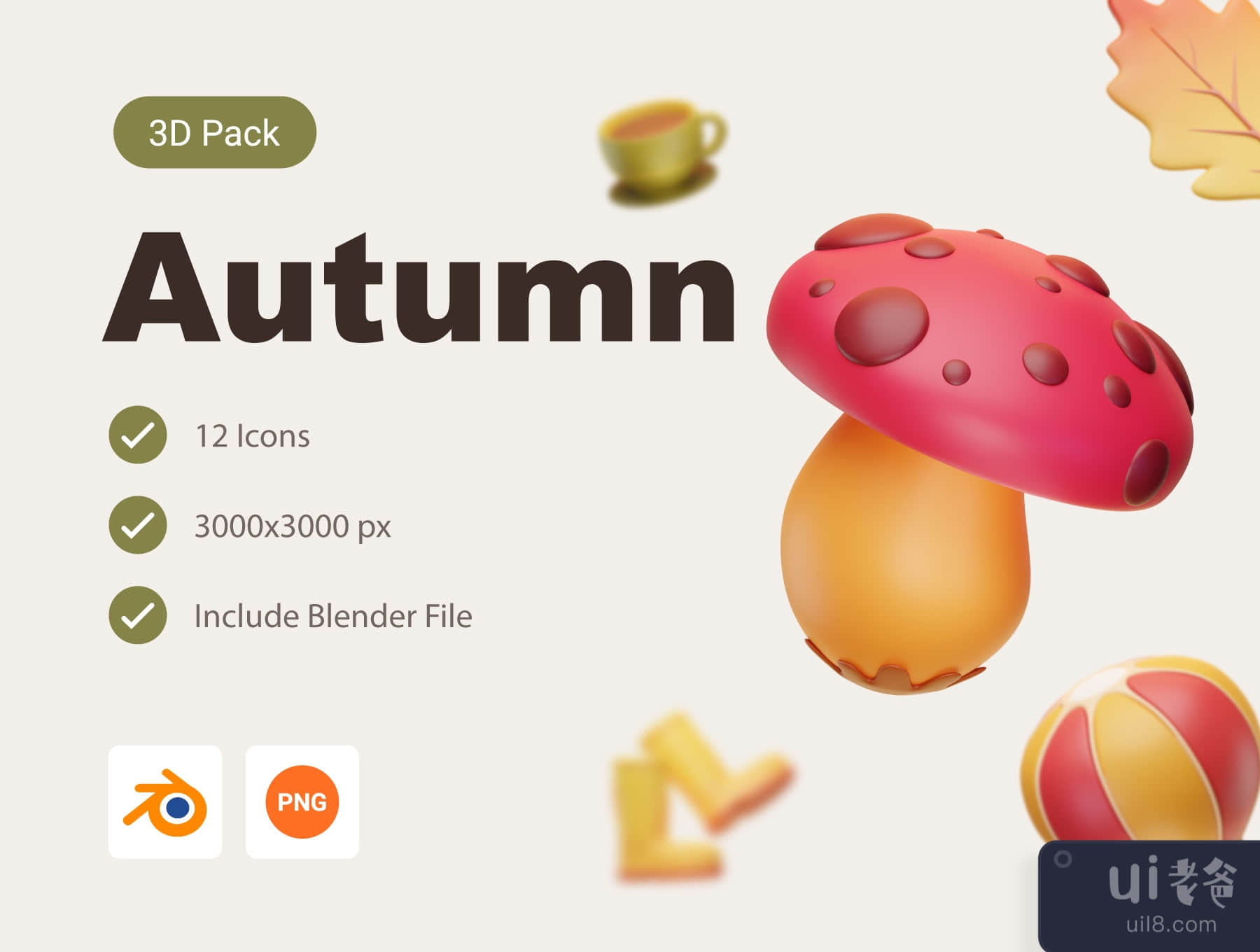 秋季3D图标包 (Autumn 3D Icon Pack)插图