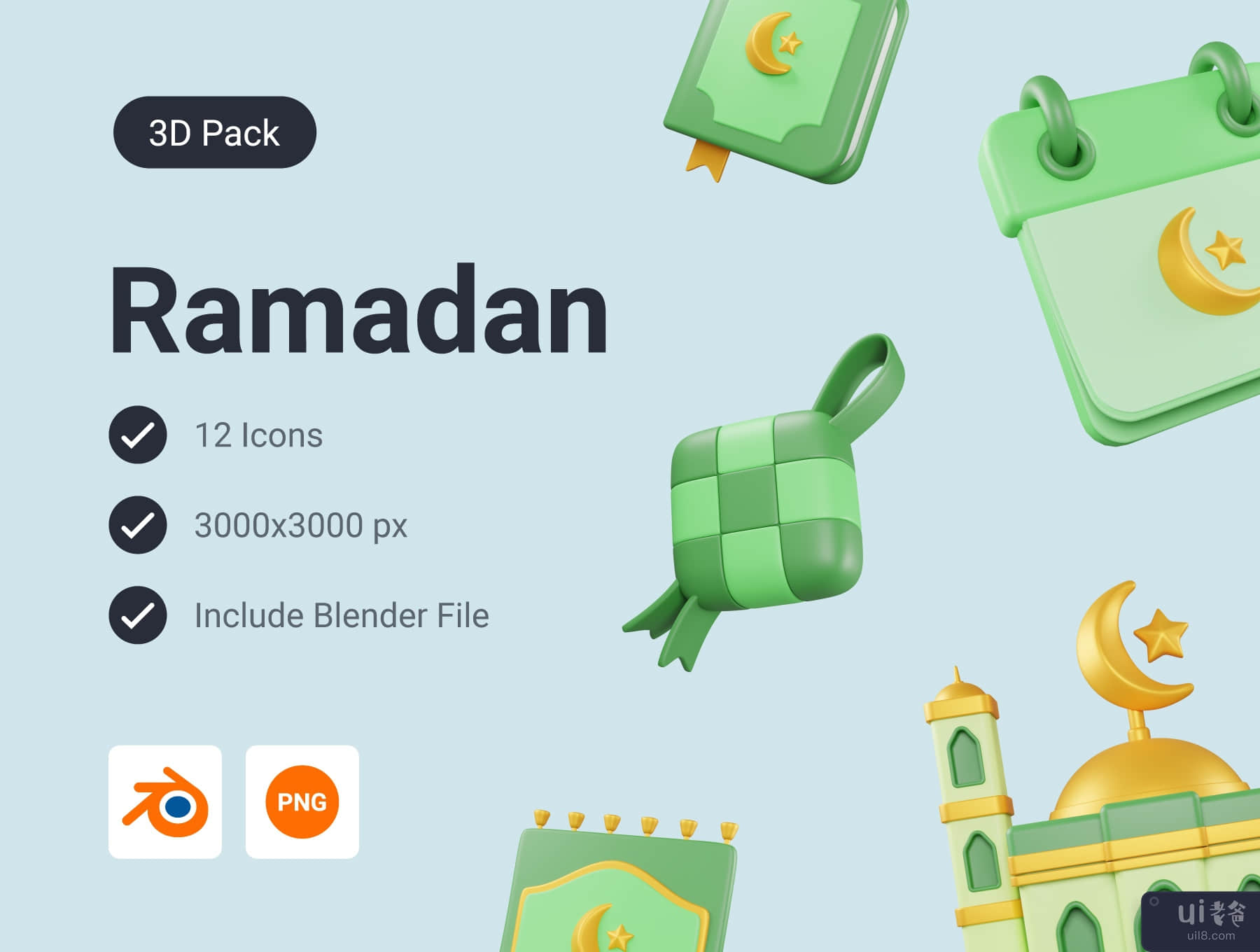 斋月和开斋节 3d 图标集 (Ramadan and Eid Mubarak 3d Icon set)插图3