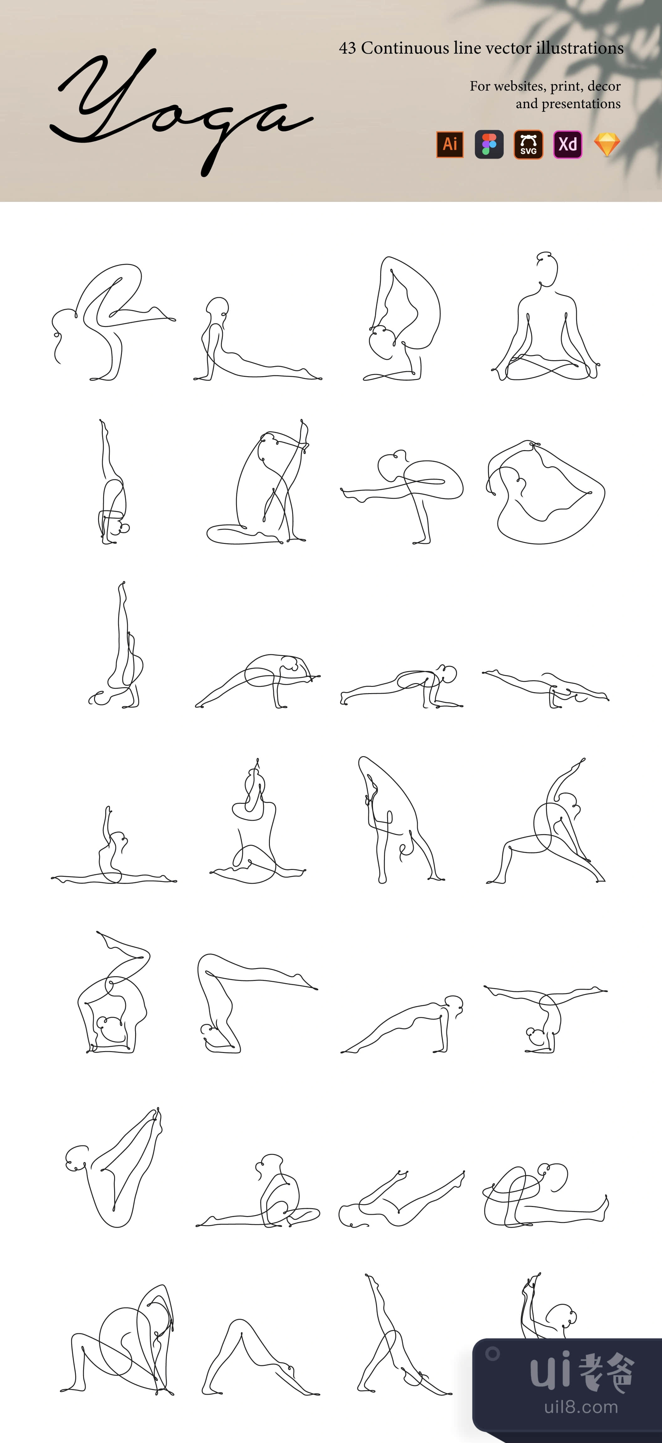 瑜伽连续线插图 (Yoga Continuous Line Illustrations)插图