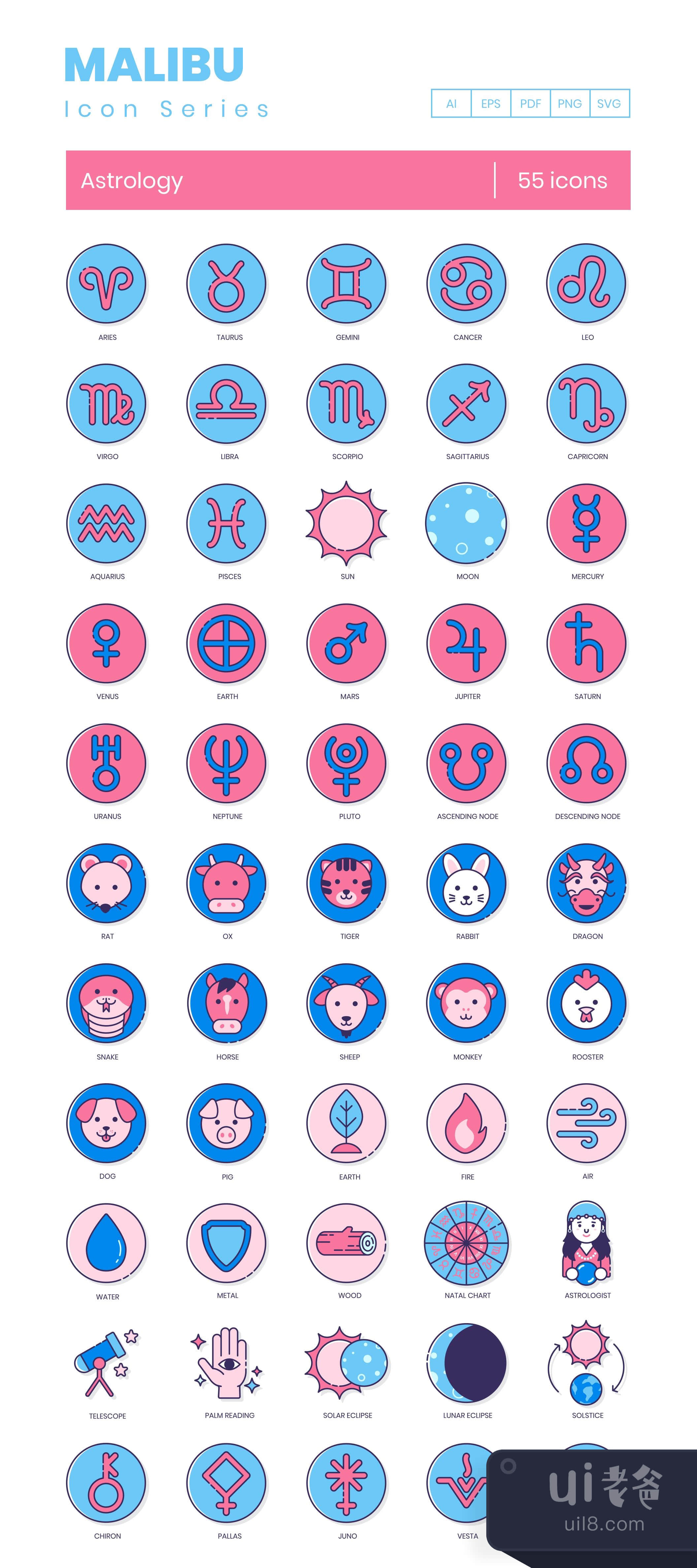 55 占星术图标 马里布 (55 Astrology Icons Malibu)插图