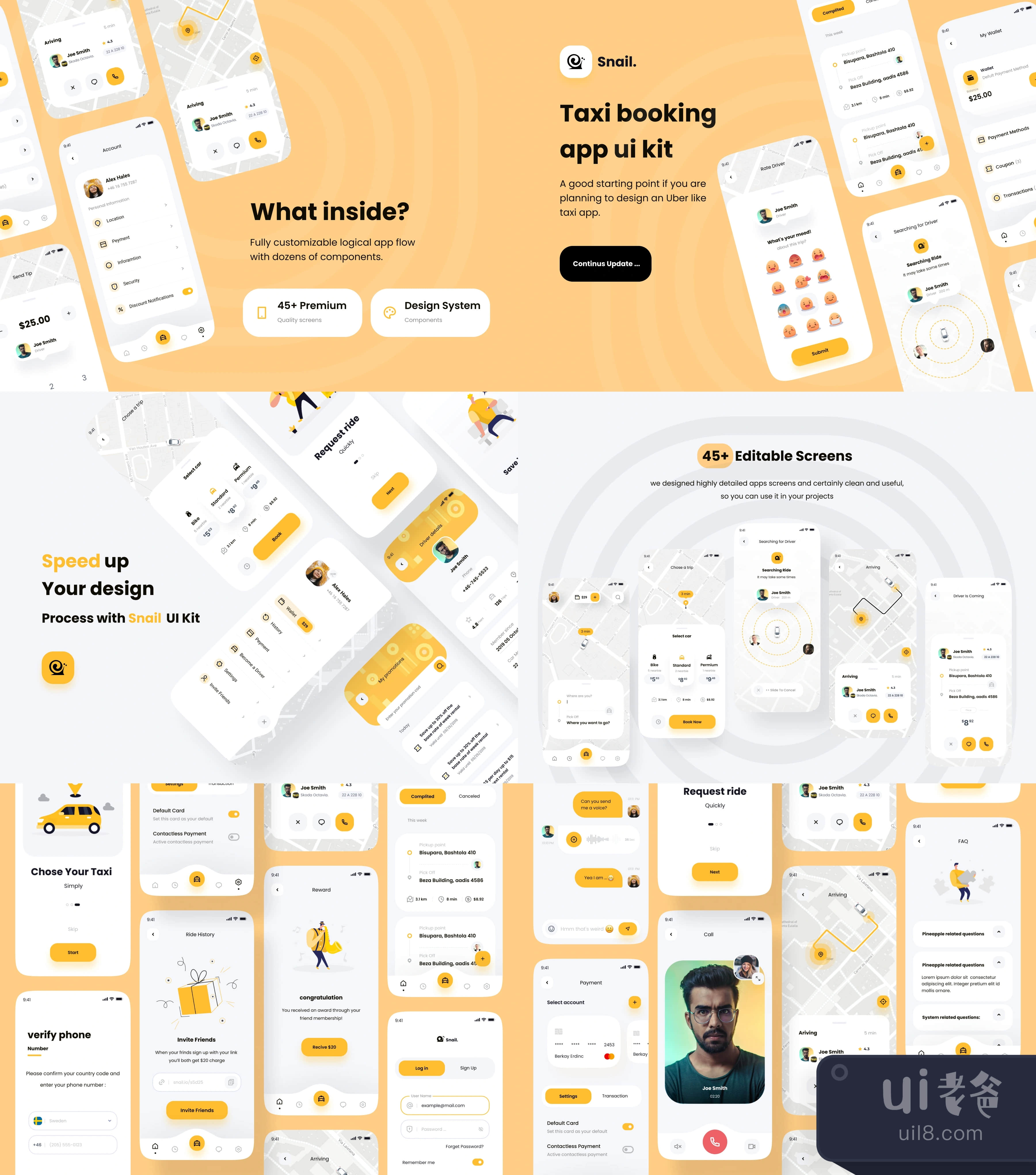 蜗牛出租车预订应用UI套件 (Snail Taxi booking app UI Kit)插图