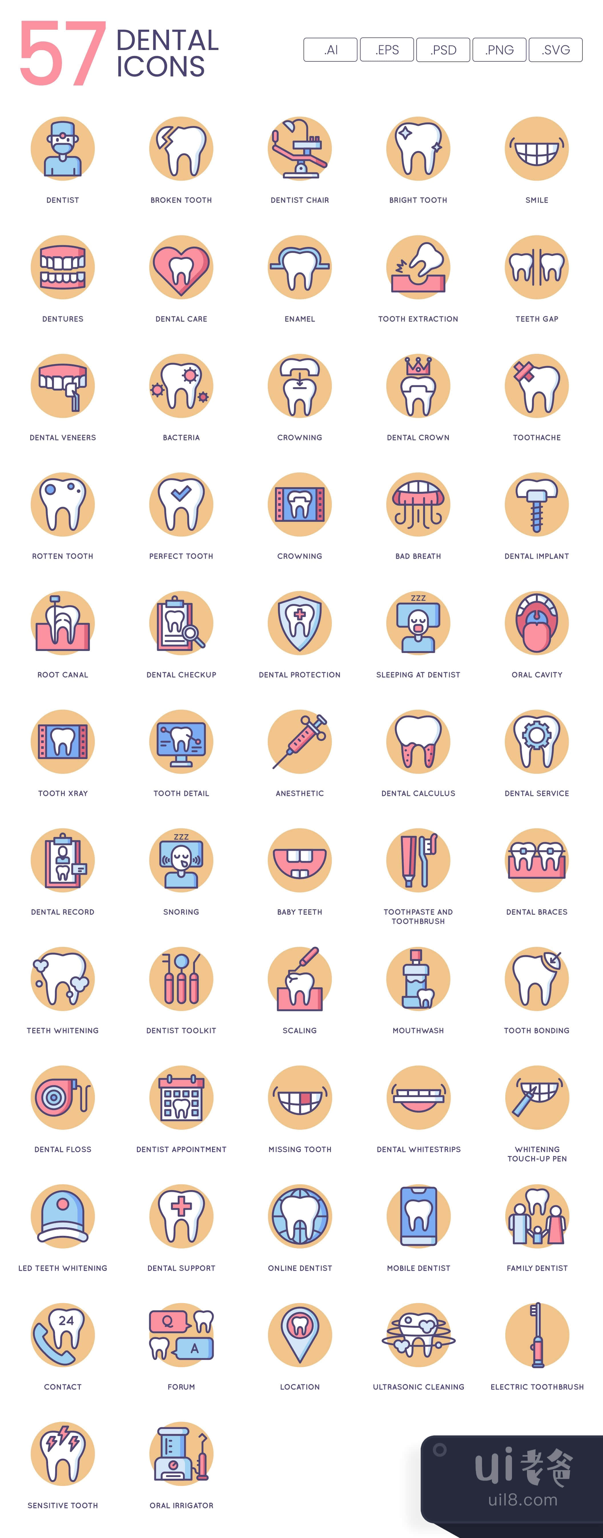 57个牙科图标奶油色系列 (57 Dental Icons  Butterscotch Series插图