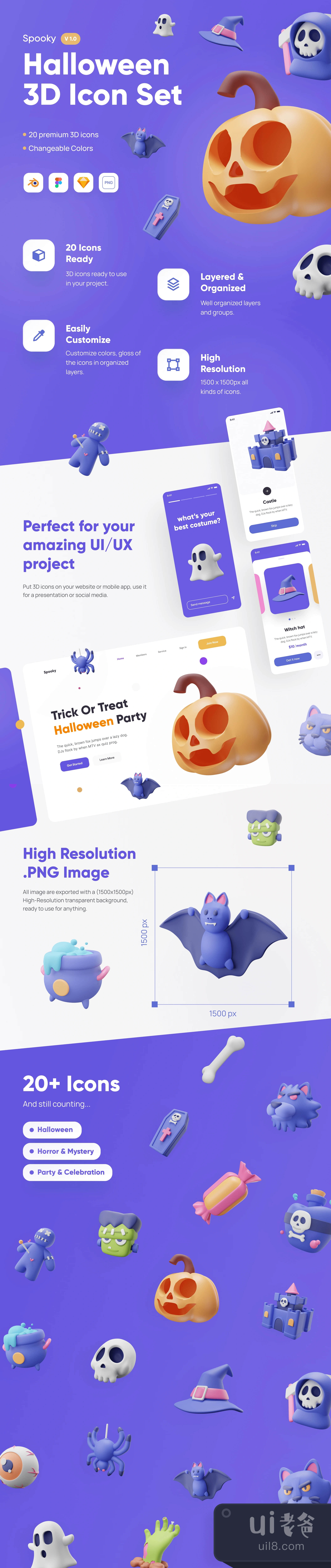 诡异的 - 万圣节3D图标集 (Spooky - Halloween 3D Icon Set)插图