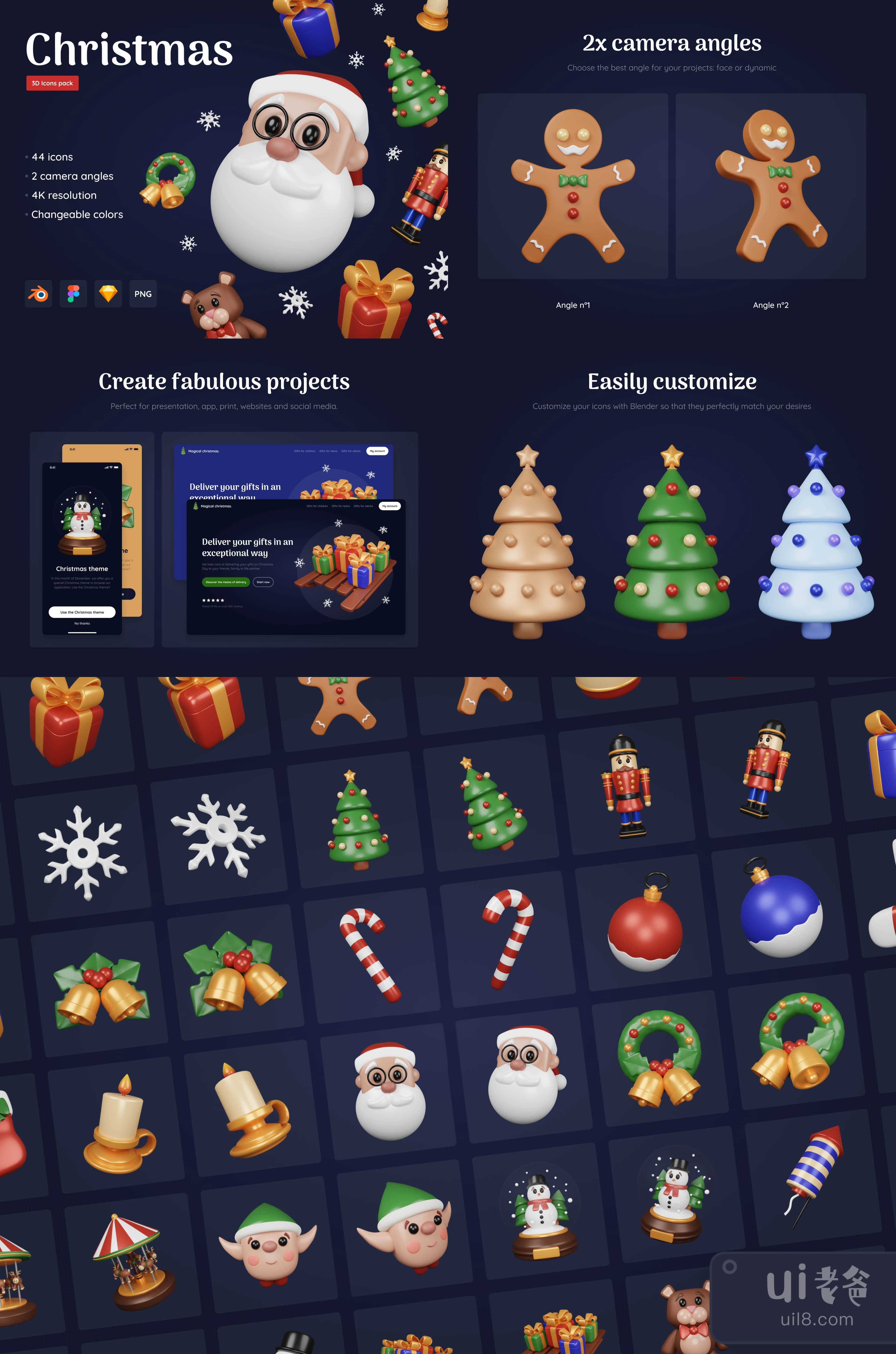 圣诞包 - 可定制的3D图标 (Christmas Pack - Customizable 3D Icons)插图