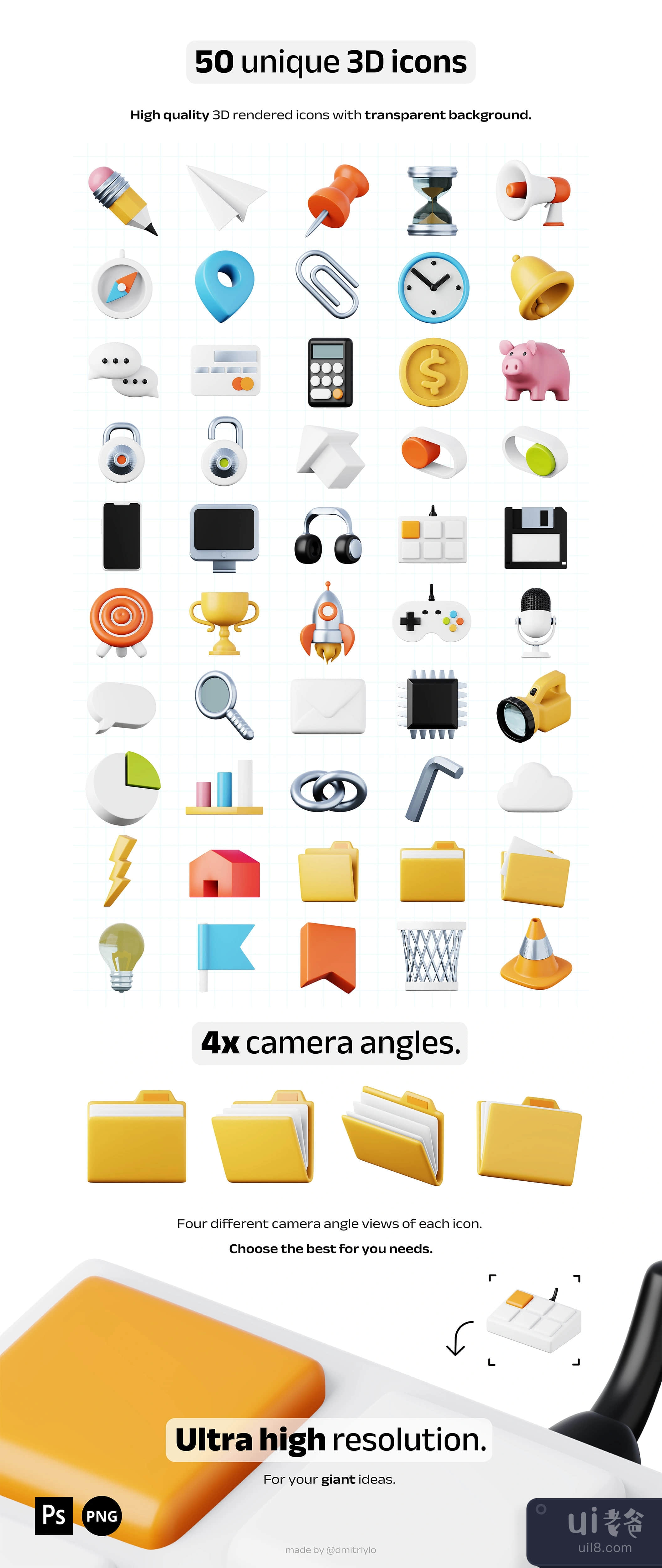 50个独特的3D图标Vol.2 - 办公室 (50 unique 3D icons Vol. 2 - Office)插图