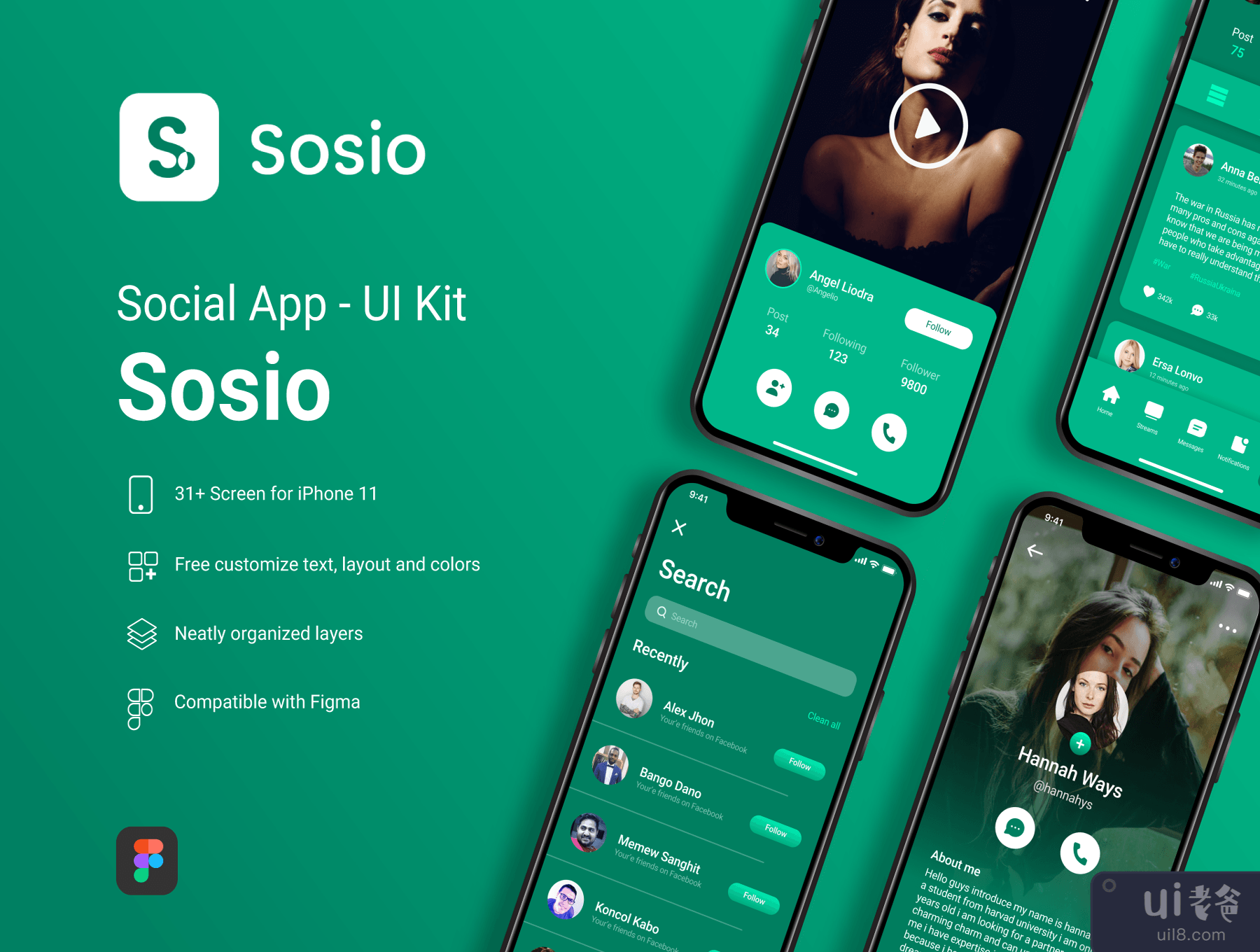 Sosio-社会应用移动UI工具包 (Sosio- Social Application Mobile UI Kit)插图