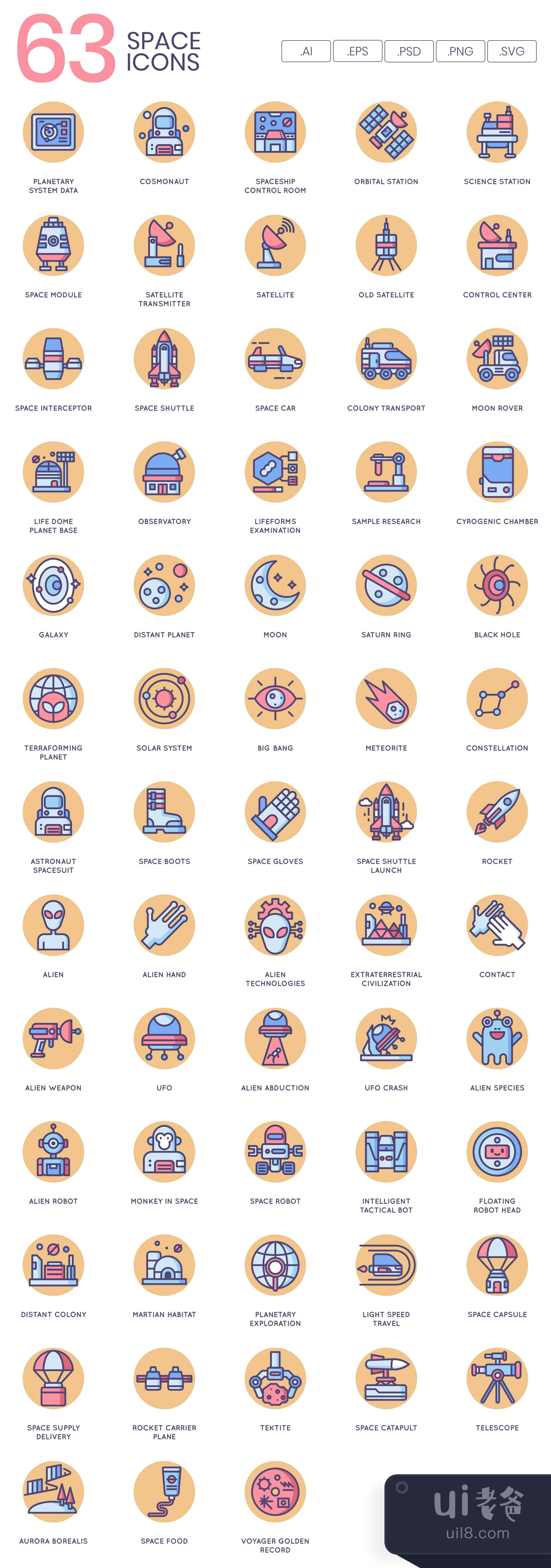63个空间图标 奶油糖系列 (63 Space Icons  Butterscotch Series插图
