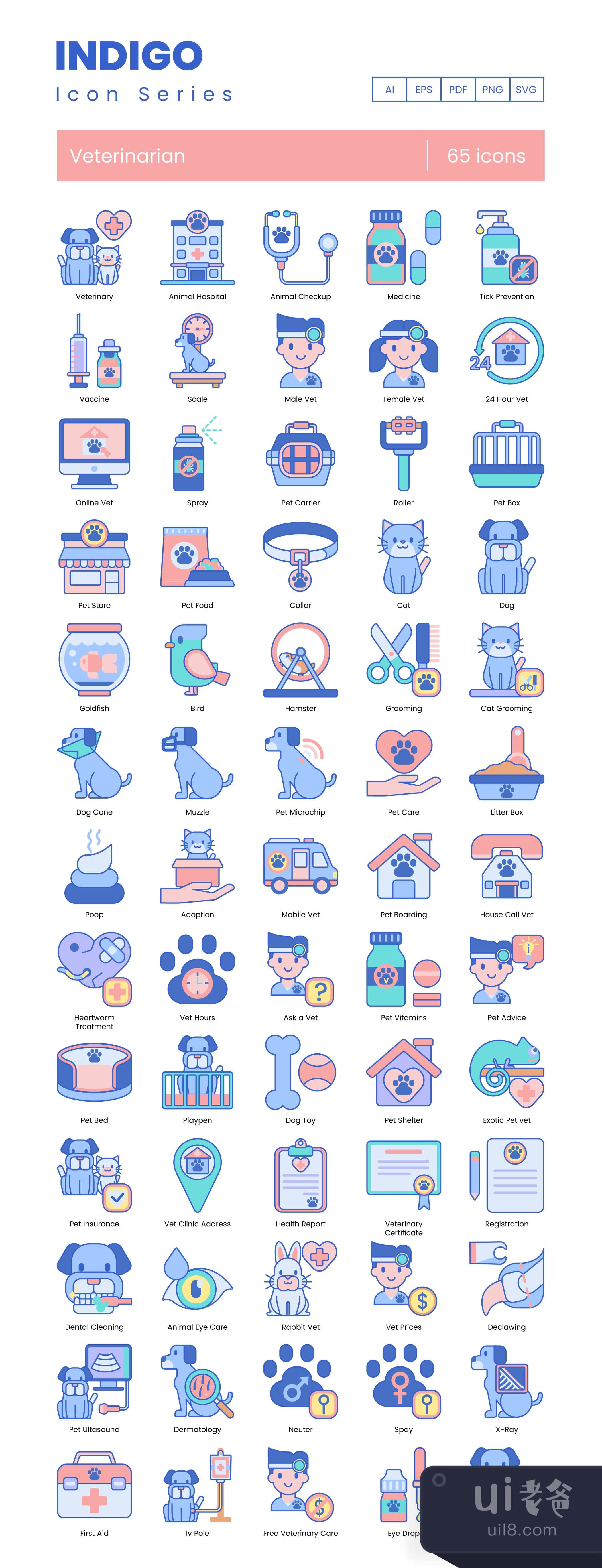 65个兽医图标靛蓝系列 (65 Veterinary Icons  Indigo Series)插图